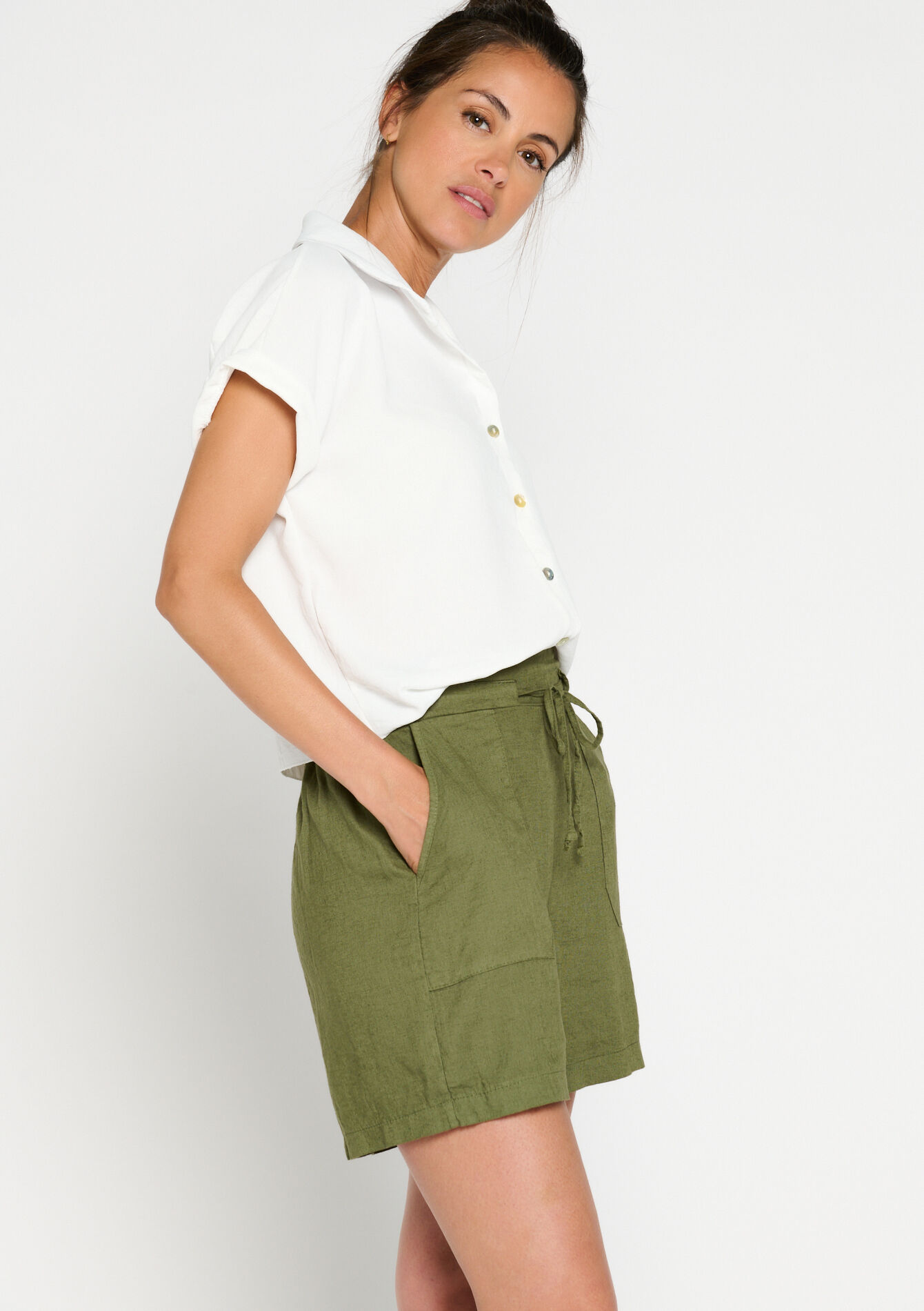 Linnen short - KHAKI MED - 06100534_4327