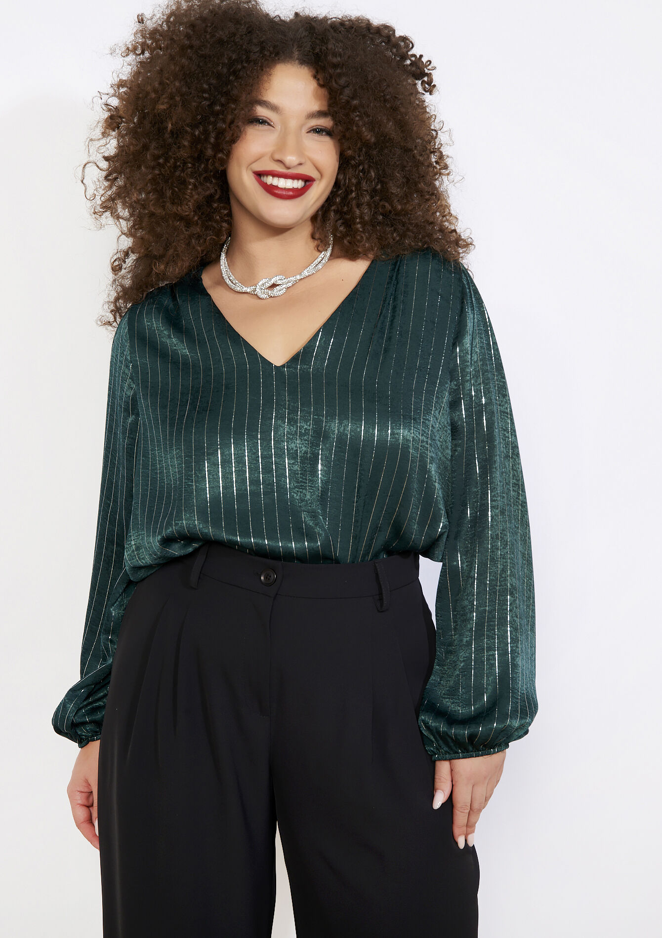 Blouse satinée à rayures lurex, , back