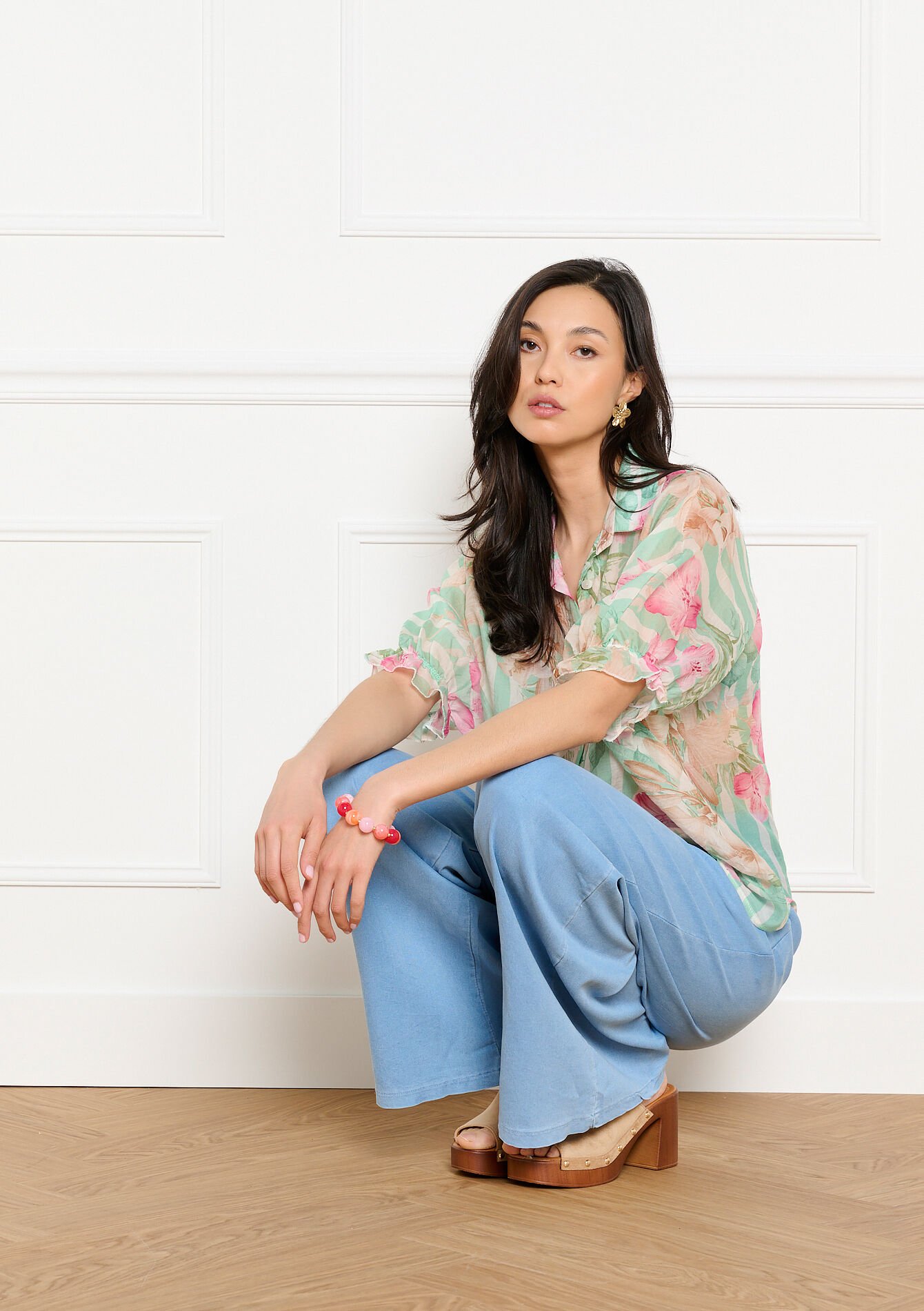 Voile hemd met strepen en bloemen - LIGHT GREEN PASTEL - 05703092_1822