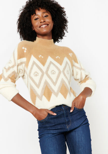 Jacquard pullover with print - LIGHT CAMEL - 04006197_3814