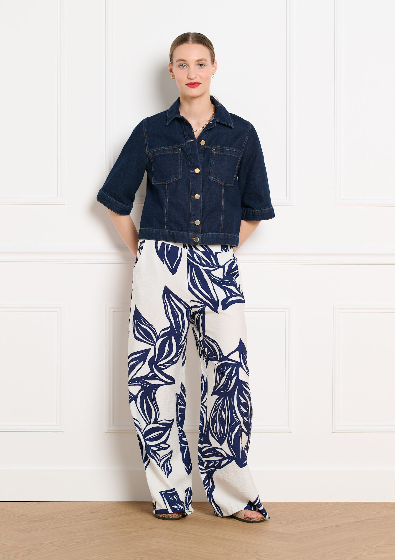 Wijde vloeiende broek met print - VANILLA WHITE - 06601151_1013