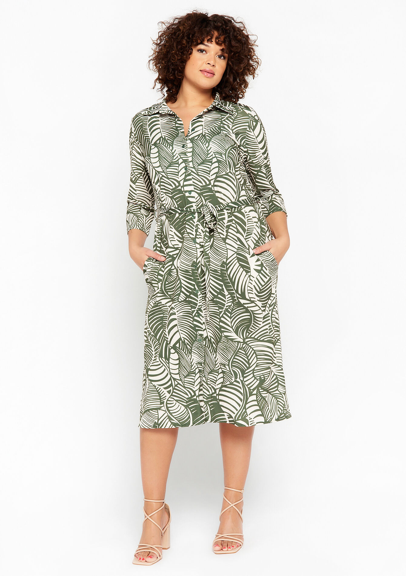 Shirt dress with leaf print - KHAKI MED - 08103202_4327