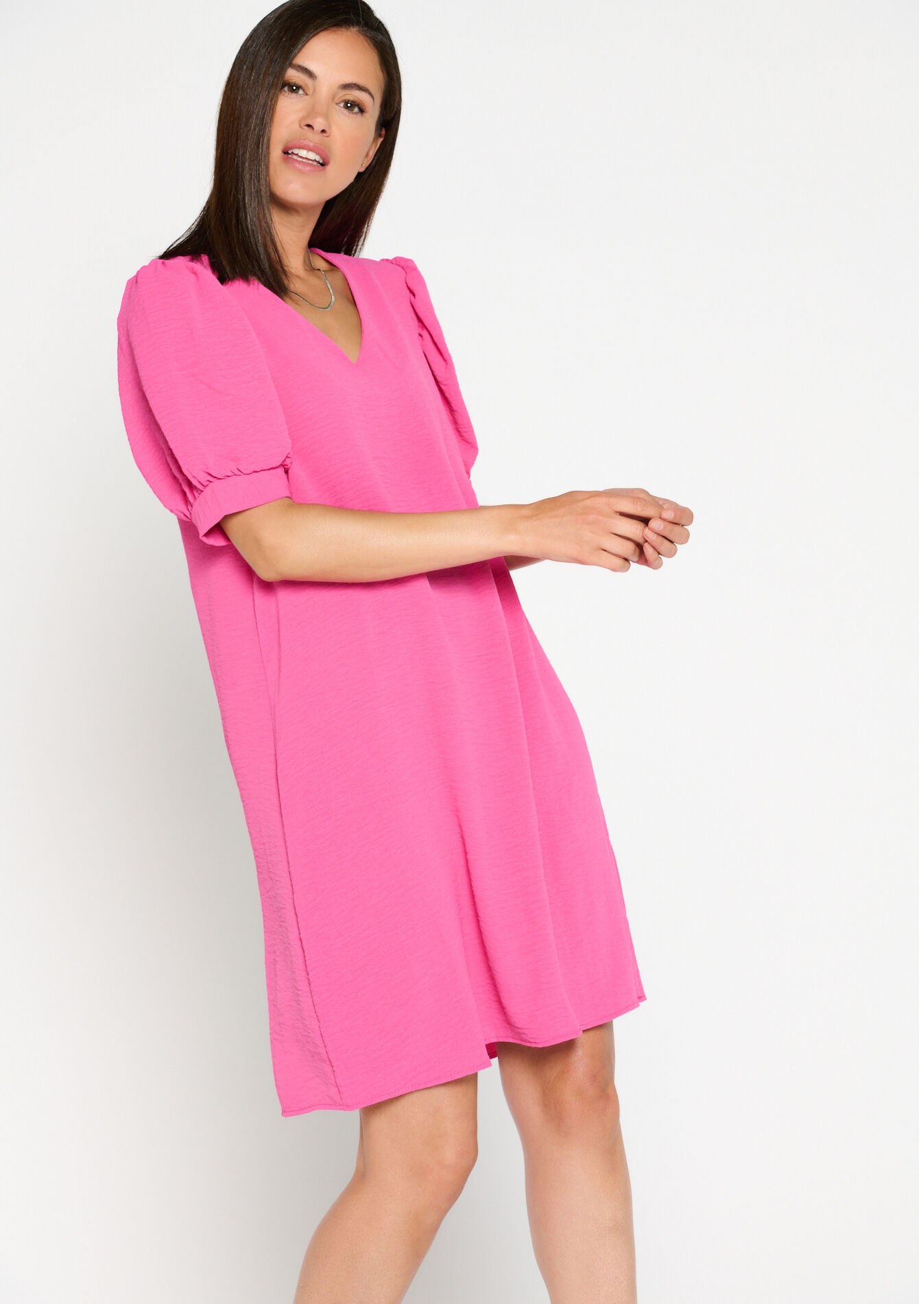 Rechte jurk met pofmouwen, Rechte jurk met pofmouwen - FUCHSIA - 08103312_5626