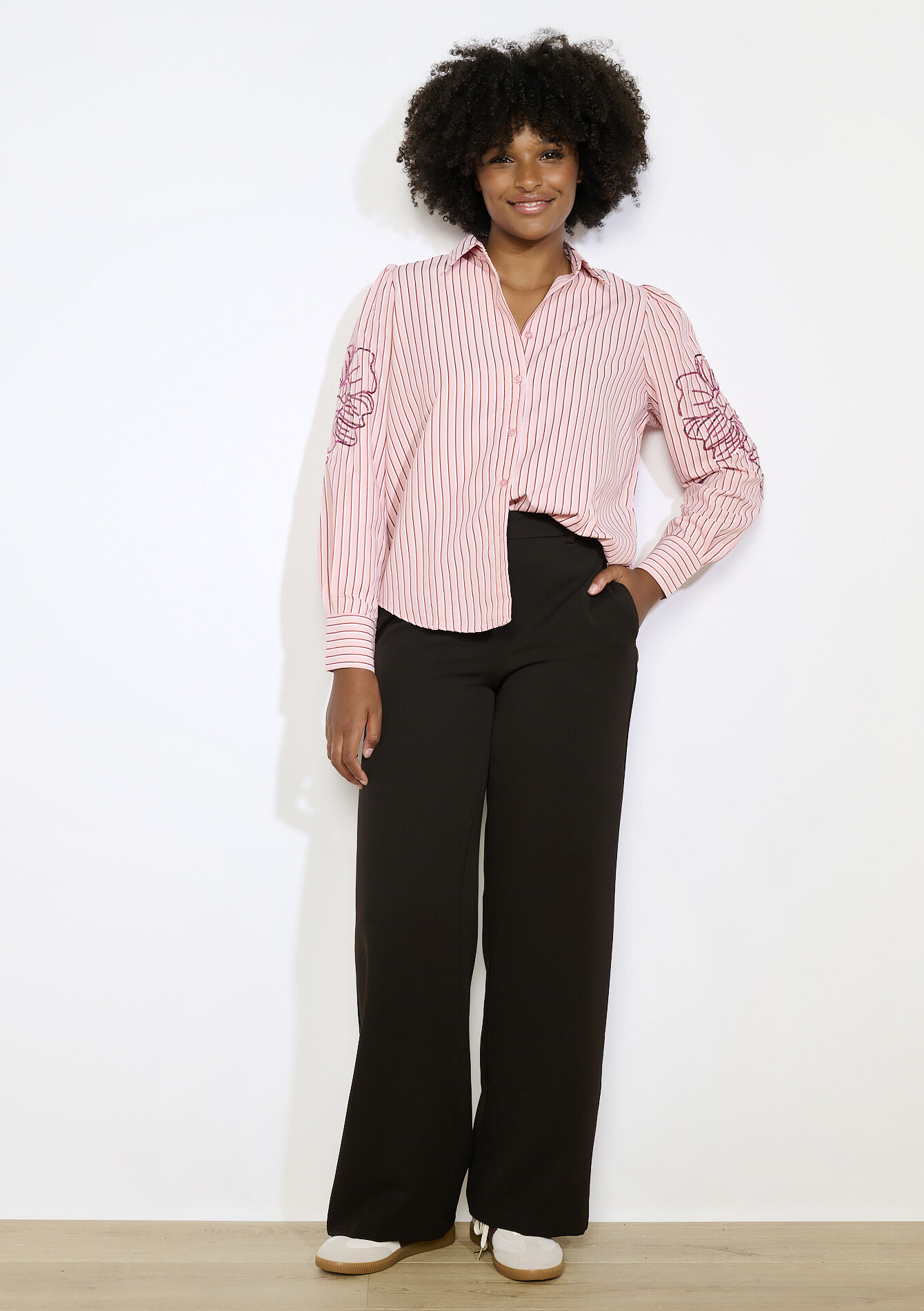 Chemise à rayures brodée - NUDE PINK - 05702940_1301