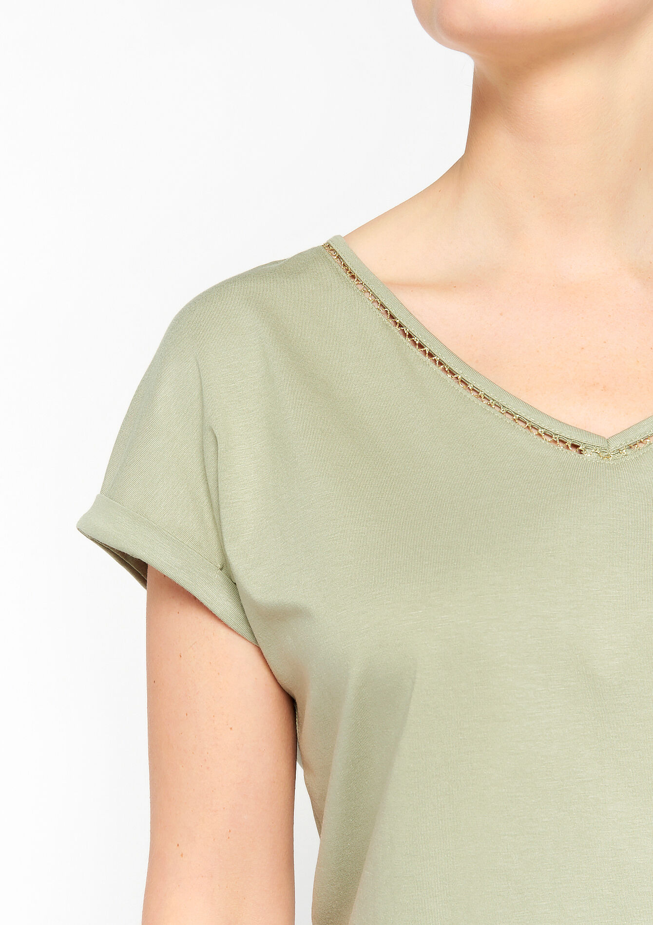 V-neck T-shirt, V-neck T-shirt - KHAKI MED - 02301315_4327