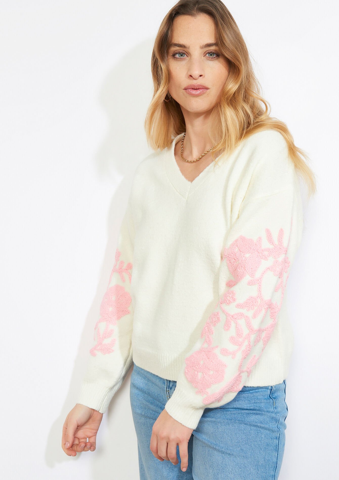 Pull brodé à manches ballon - VANILLA WHITE - 04007170