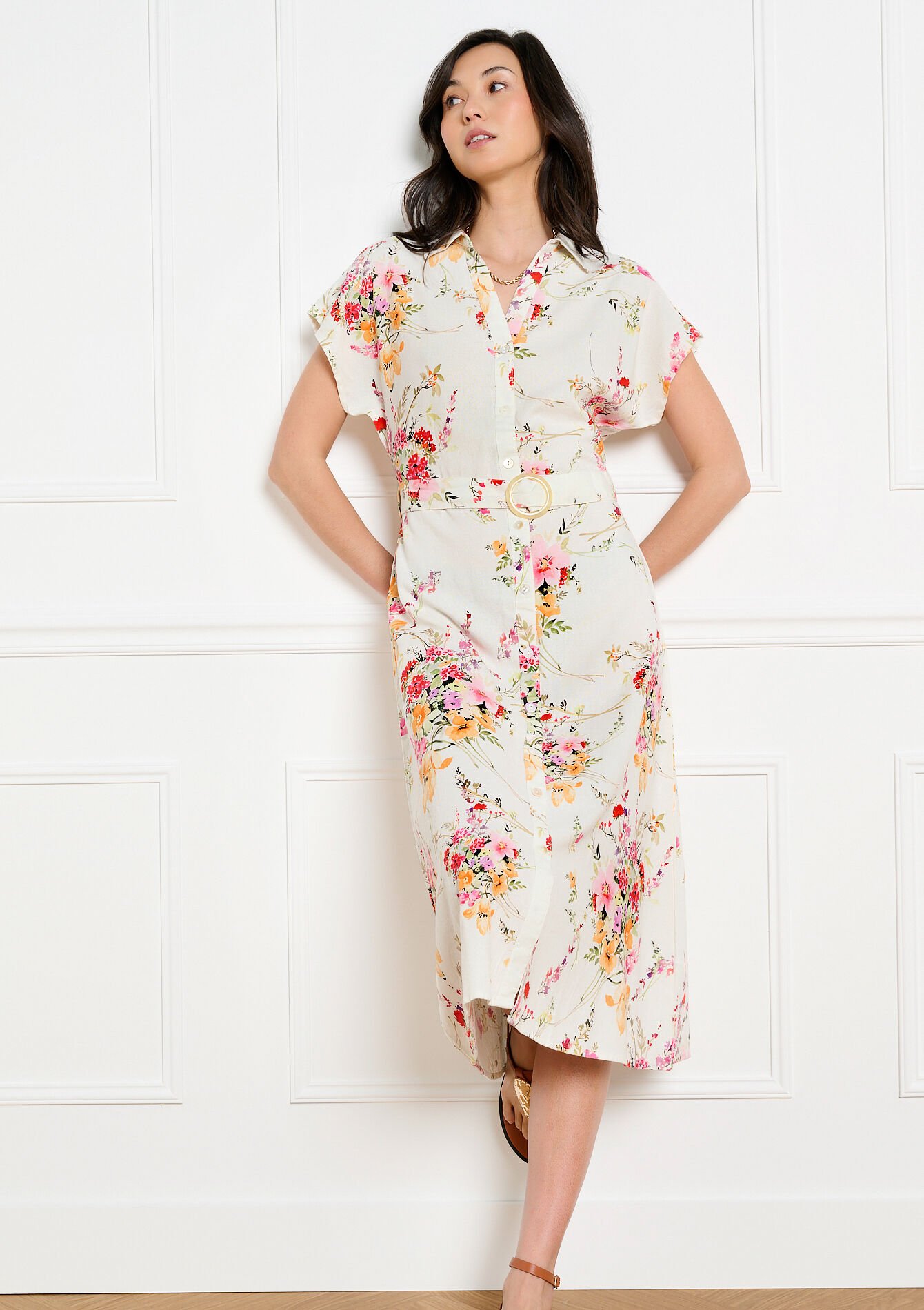 Robe chemise ceinturée fleurie, , hi-res