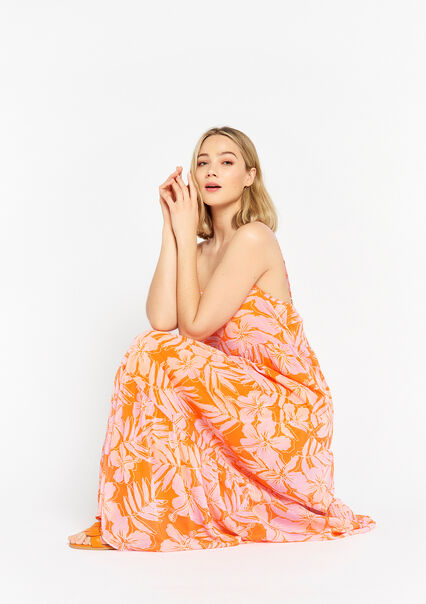 Long A-line dress with floral print - ORANGE BRIGHT - 08602036_1255