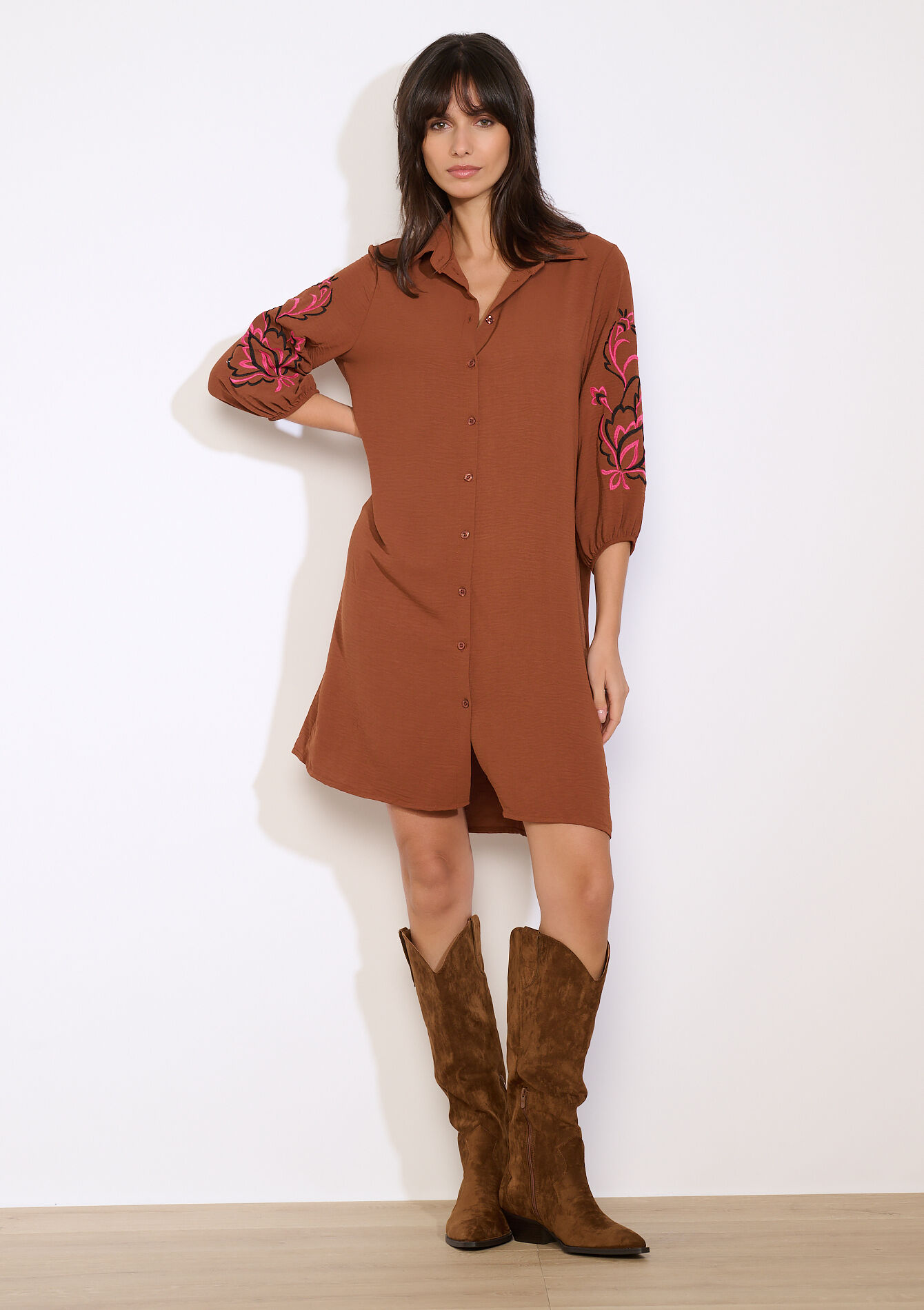 Robe chemise brodée, Robe chemise brodée - CARAMEL - 08104381_1953