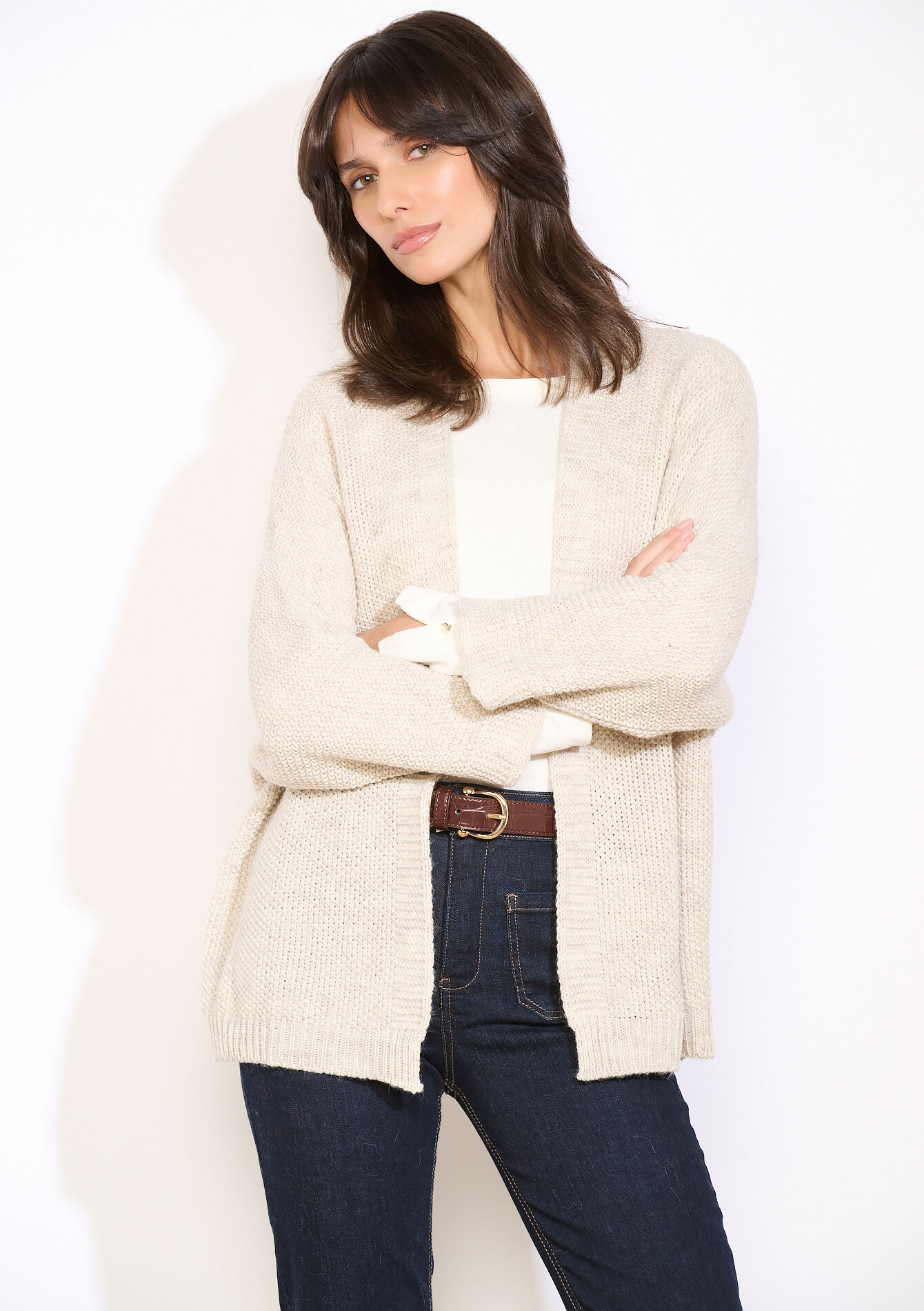 Openvallende gebreide vest, Openvallende gebreide vest - LT BEIGE - 04101369_2527