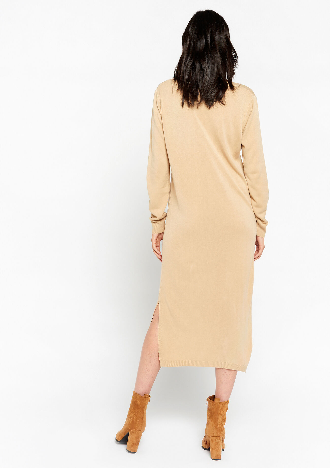 Knitted dress with V-neck, Knitted dress with V-neck - LIGHT CAMEL - 08602181_3814