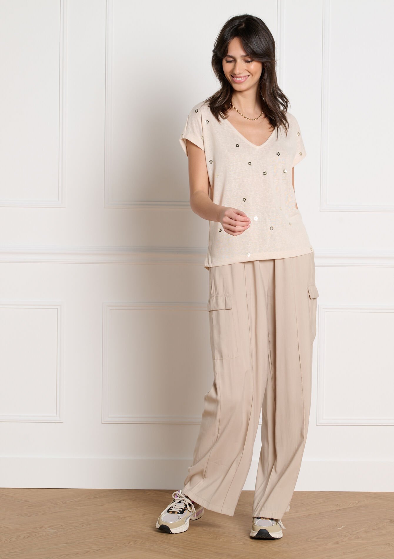 T-shirt met folieprint - LT BEIGE - 02301945_2527