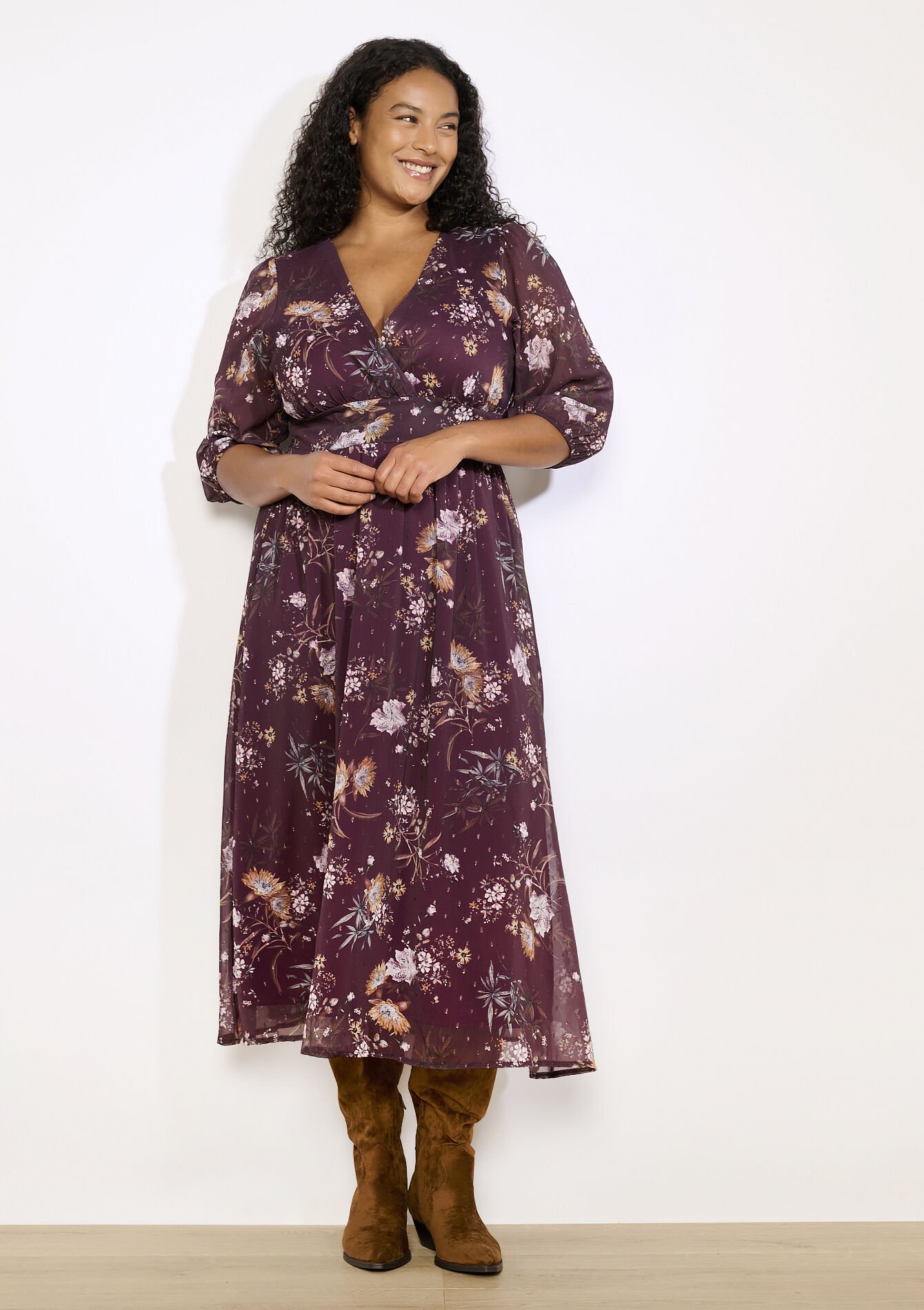 Gebloemde midi-jurk, Gebloemde midi-jurk - BORDEAUX WINE - 08104224_5514