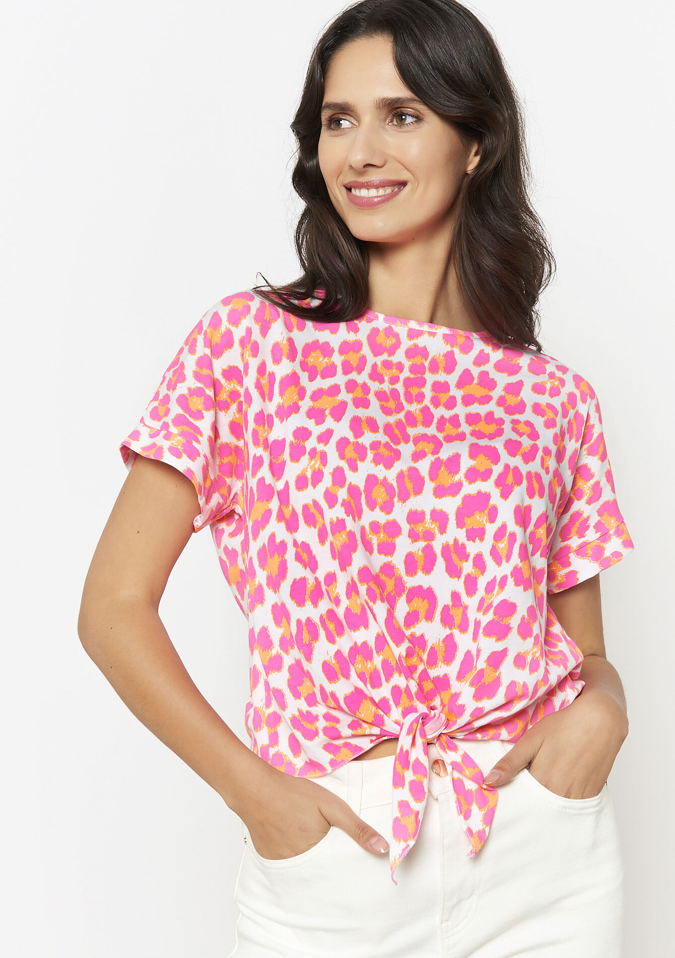 T-shirt met knoop en print, T-shirt met knoop en print - FLUO PINK - 02301841_5727