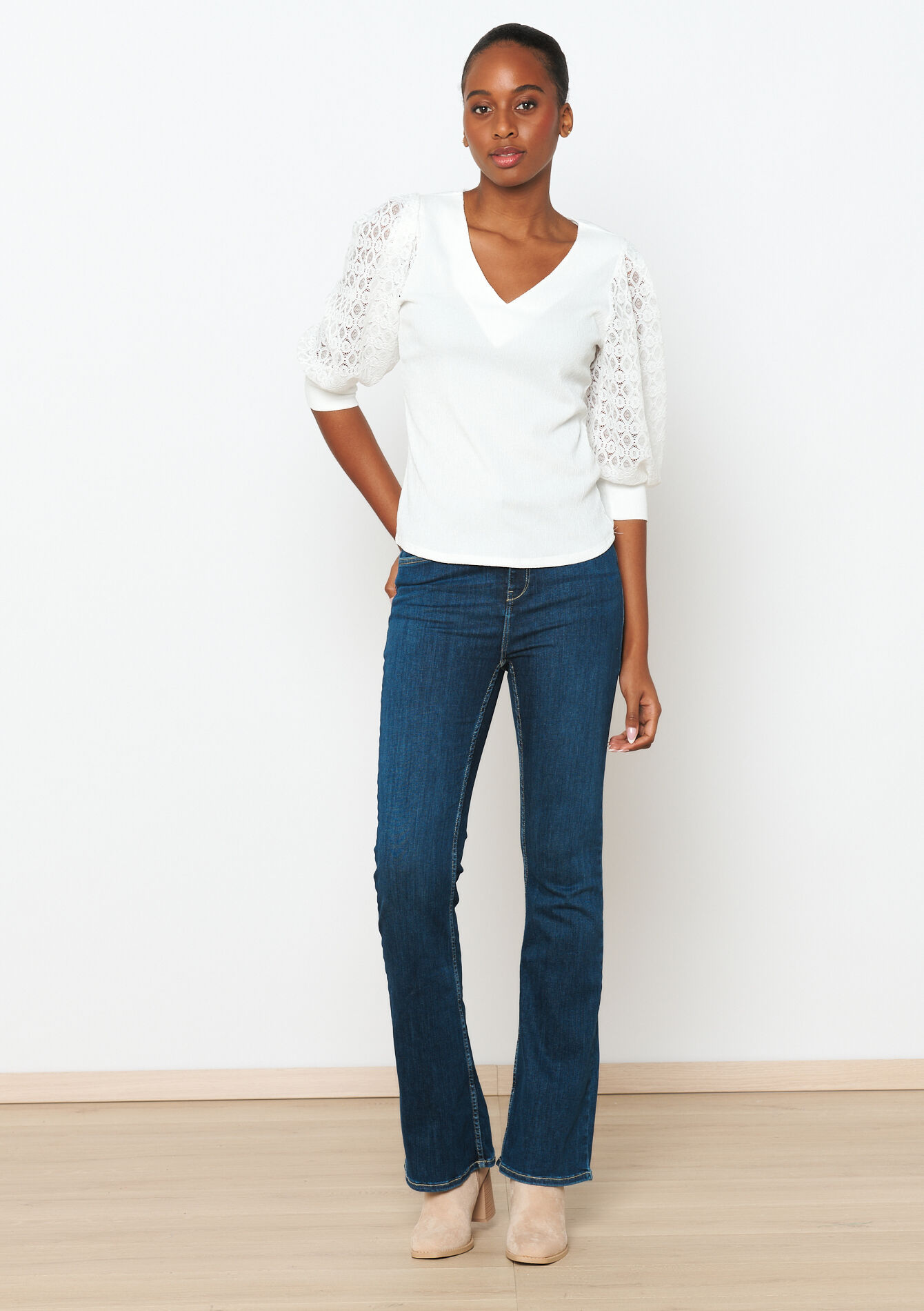 T-shirt met kanten mouwen - OFFWHITE - 02301535_1001