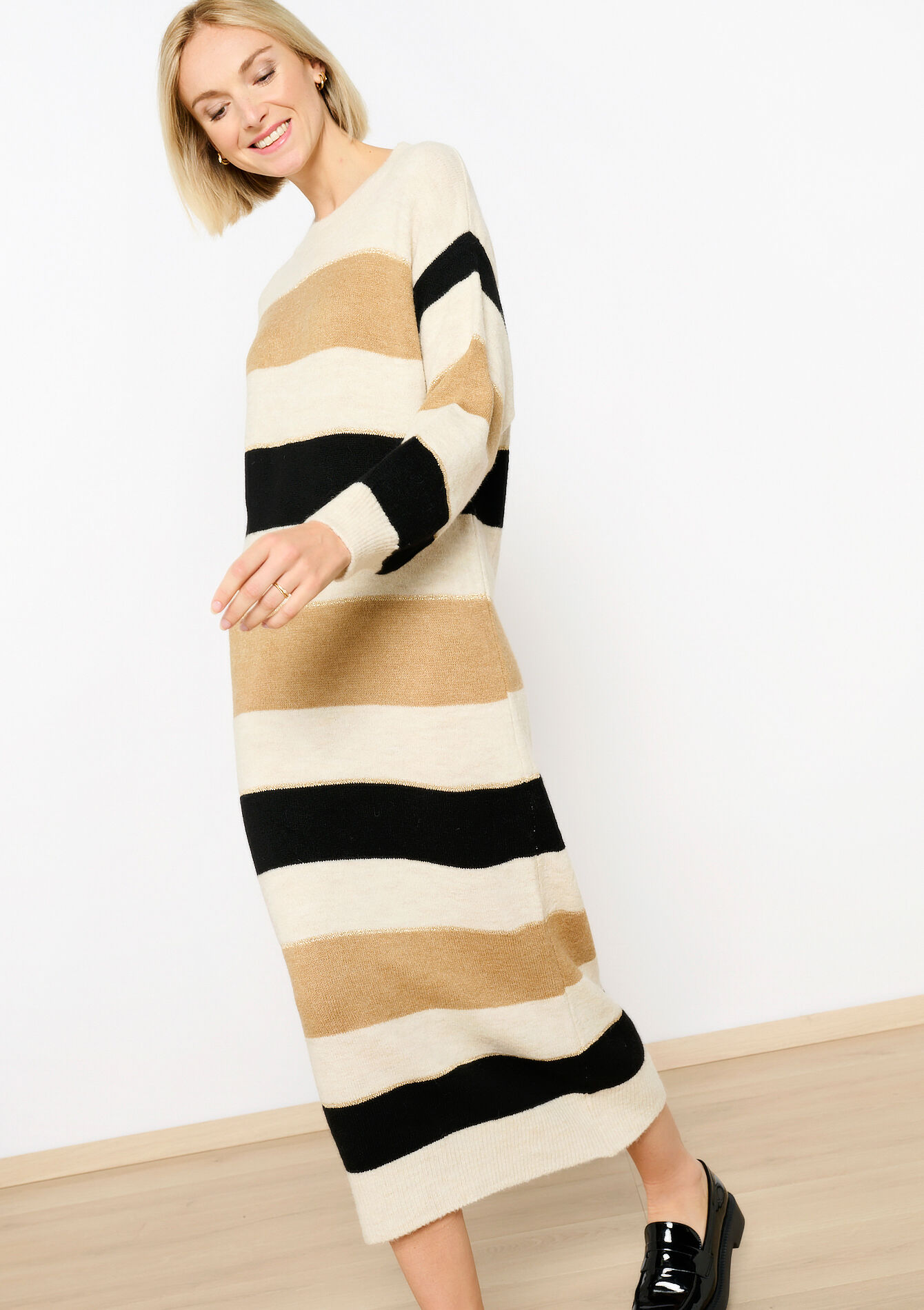 Gestreepte trui-jurk met lurex, Gestreepte trui-jurk met lurex - CAMEL CINNAMON - 08103918_3835