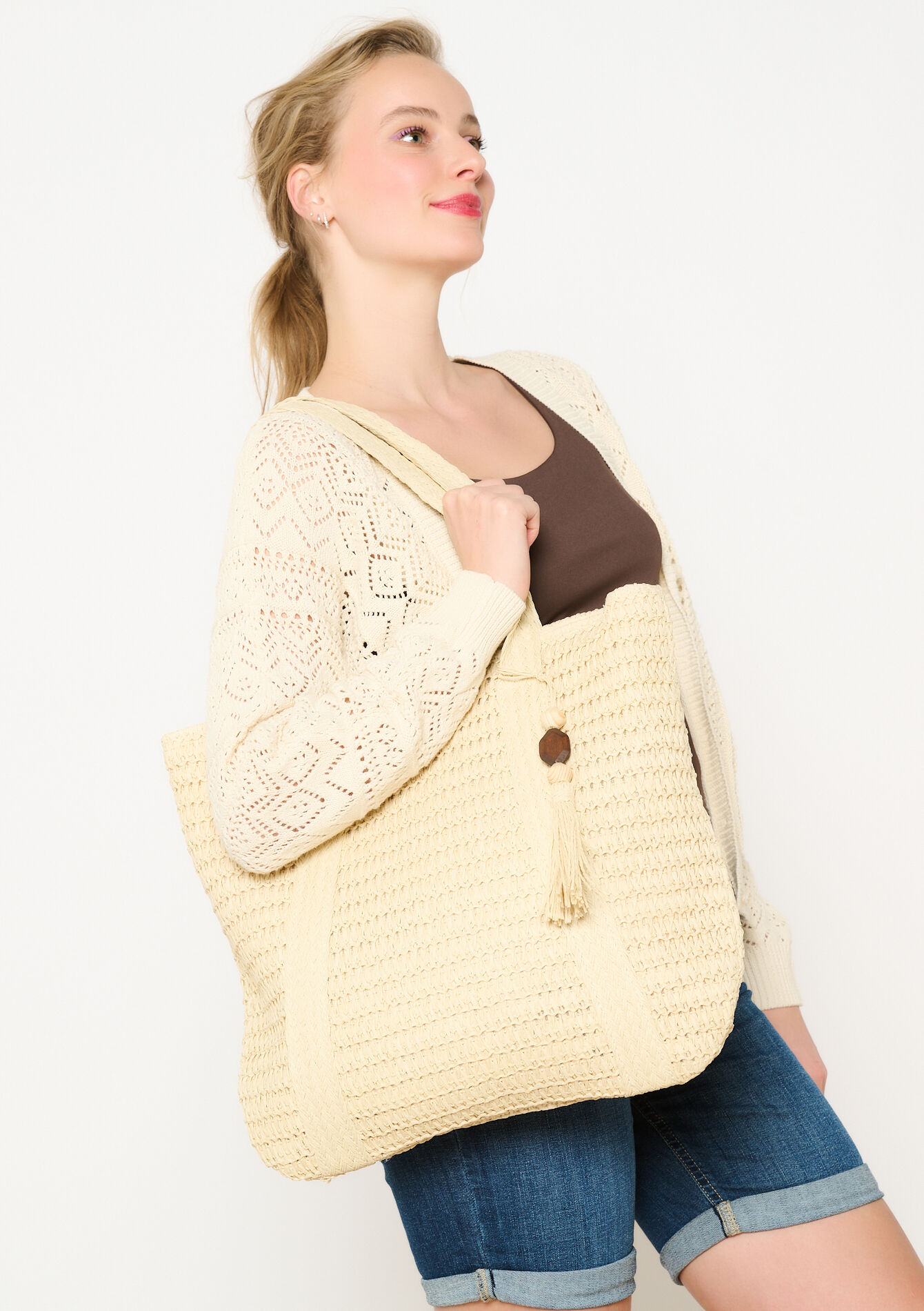 Wicker shoulder bag, Wicker shoulder bag - LT BEIGE - 1122591