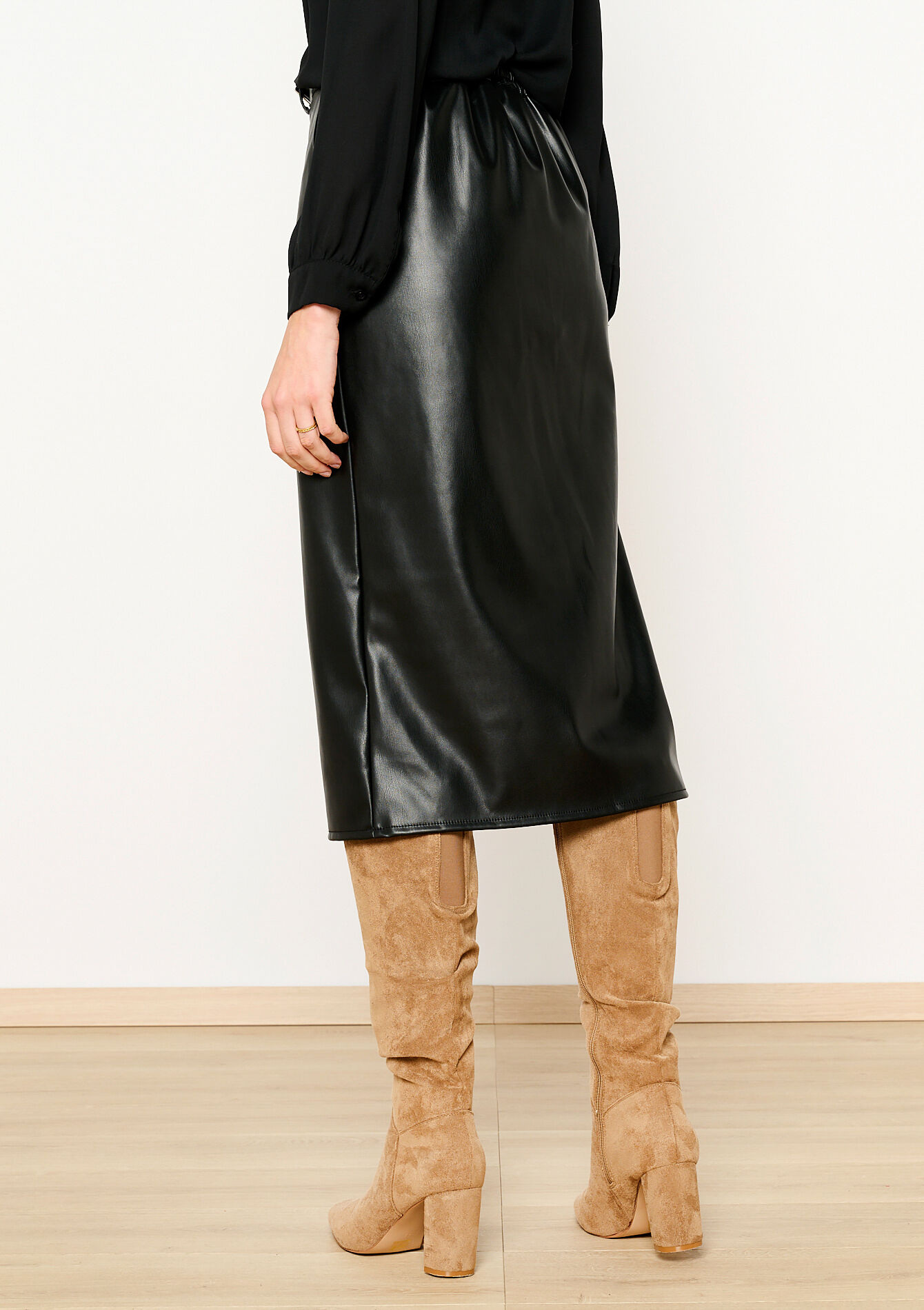 Jupe mi-longue en similicuir - BLACK - 07101206_1119