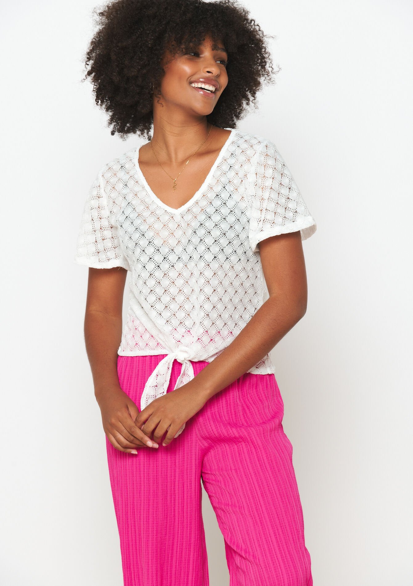 Openwork T-shirt in macramé, Openwork T-shirt in macramé - OPTICAL WHITE - 02301604_1019