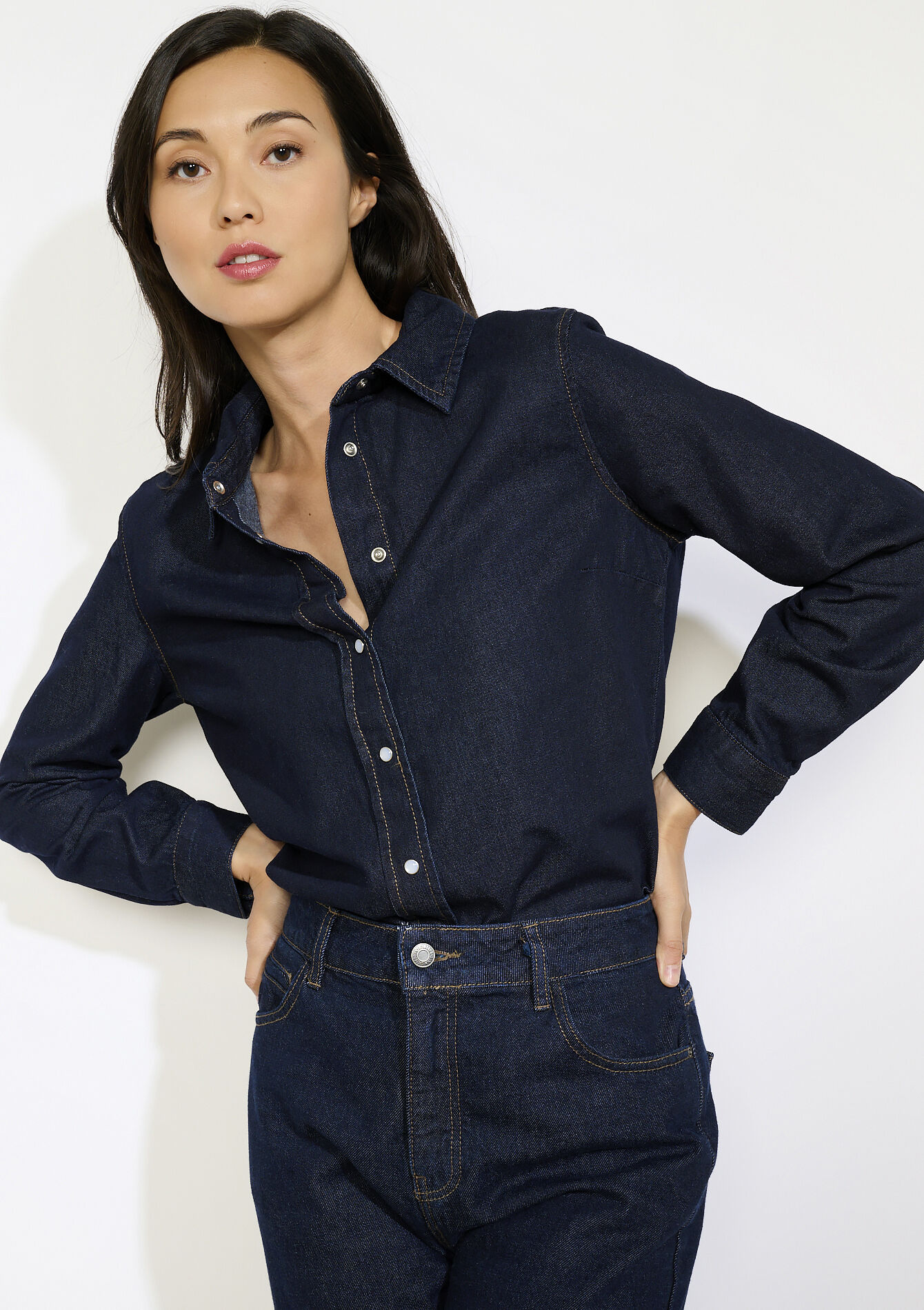 Denim blouse met knopen, Denim blouse met knopen - DARK BLUE - 05702907_0501