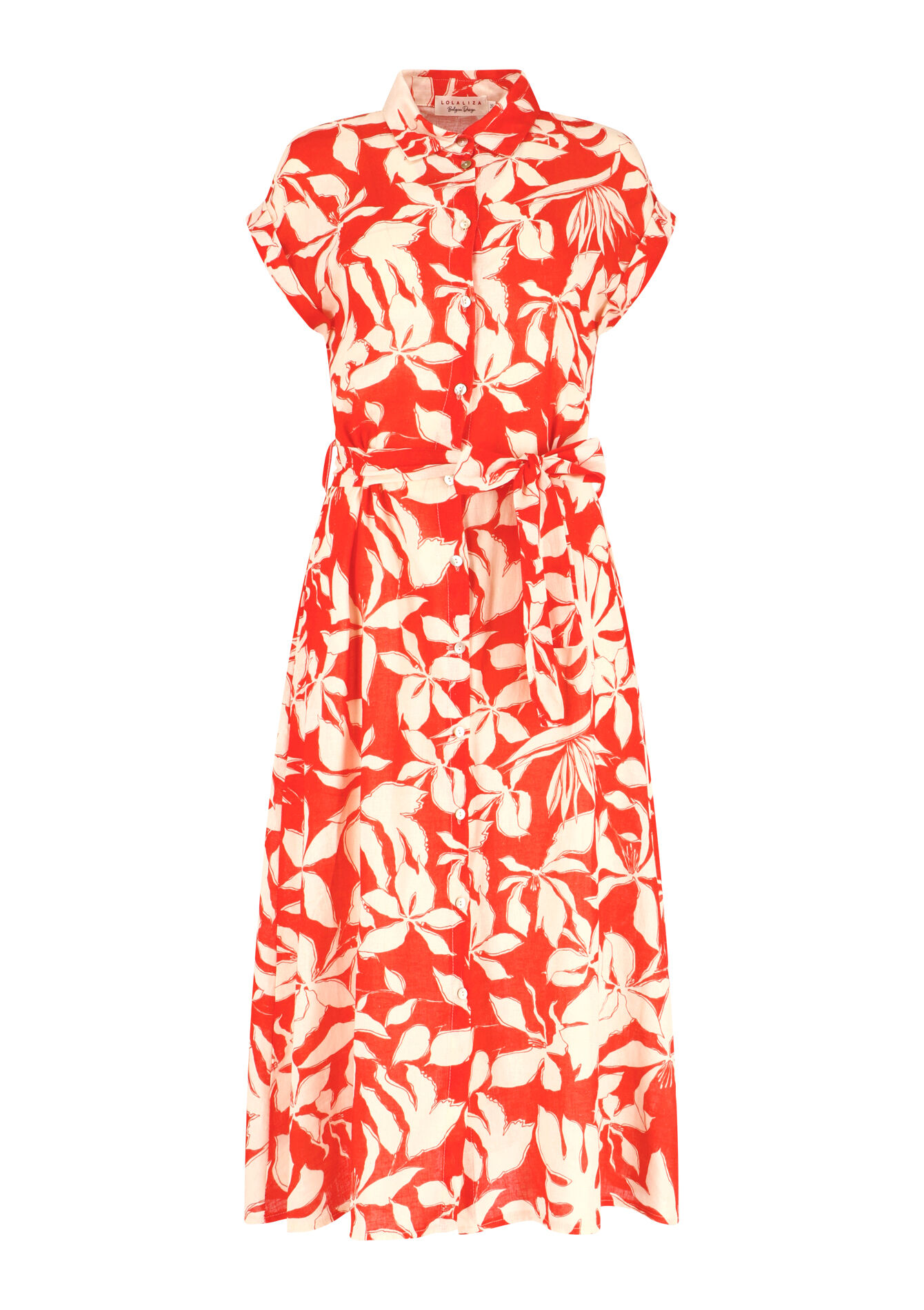 Linnen jurk met tropische print, Linnen jurk met tropische print - ORANGE BRIGHT - 08602000