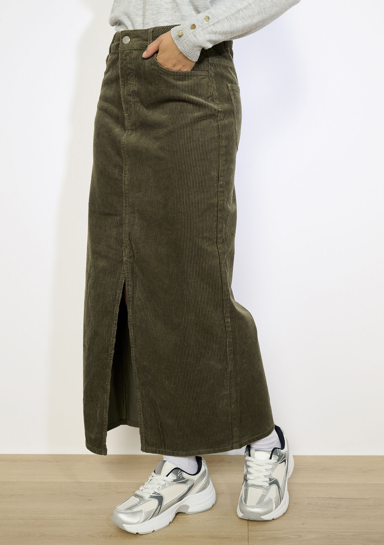 Lange ribfluwelen rok, Lange ribfluwelen rok - KHAKI MED - 07101354_4327
