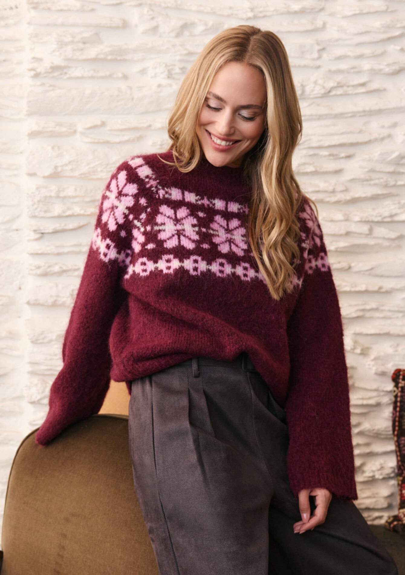 Zachte jacquard trui - BORDEAU WINE - 04007144_1467