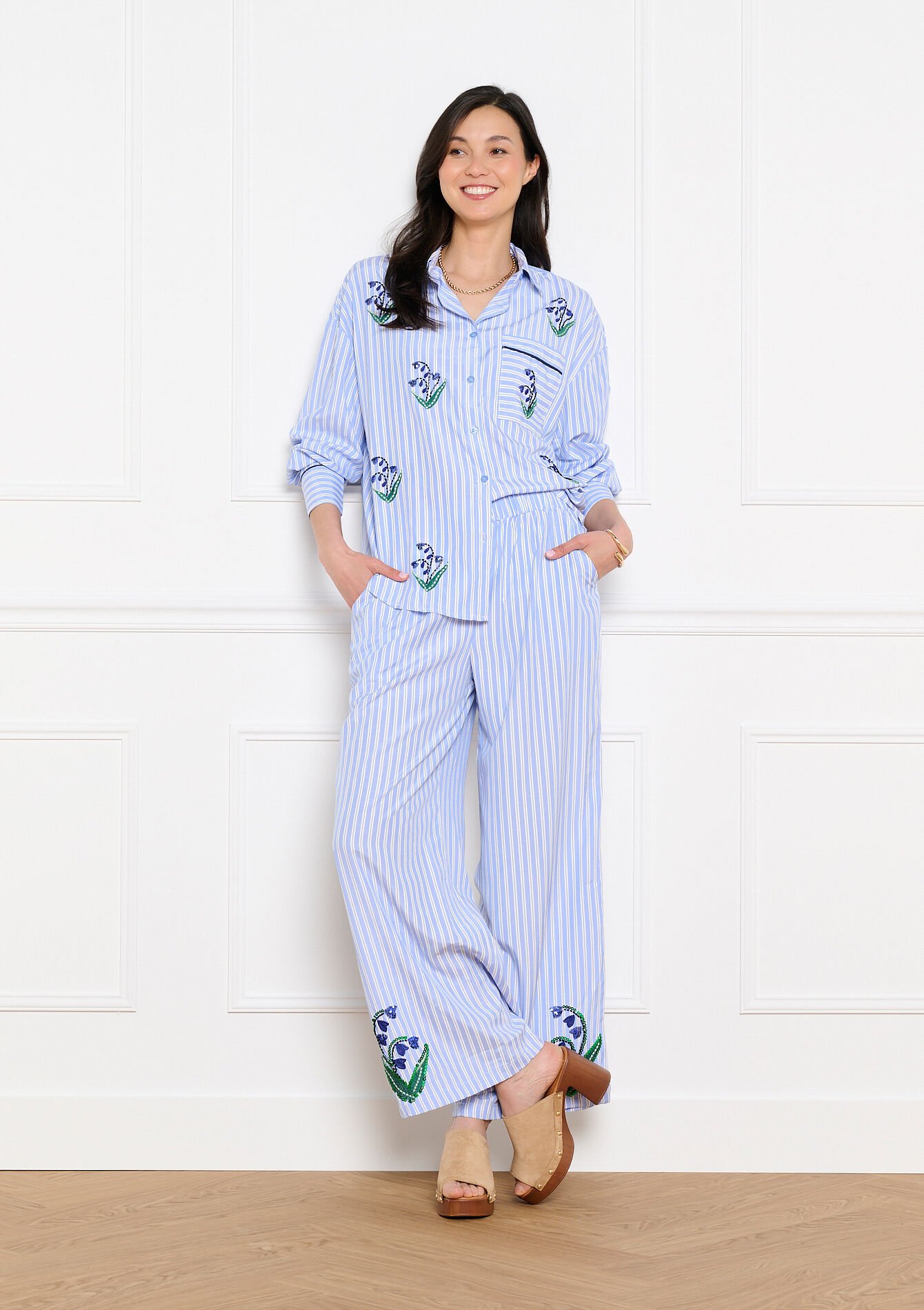 Embroidered striped shirt - BLUE PASTEL - 05703050_3003