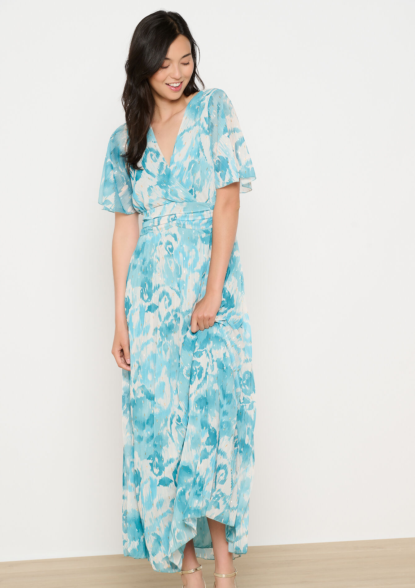 Geplisseerde maxi-jurk - TURQUOISE - 08104166_1759