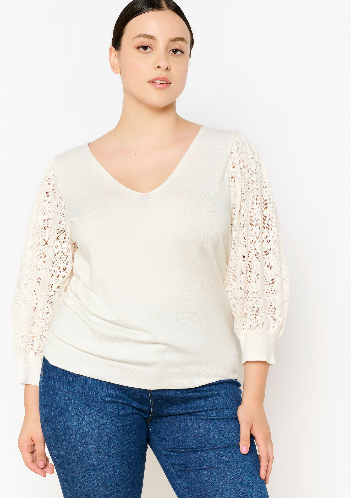 Pull avec manches en dentelle, Pull avec manches en dentelle - VANILLA WHITE - 04006506_1013