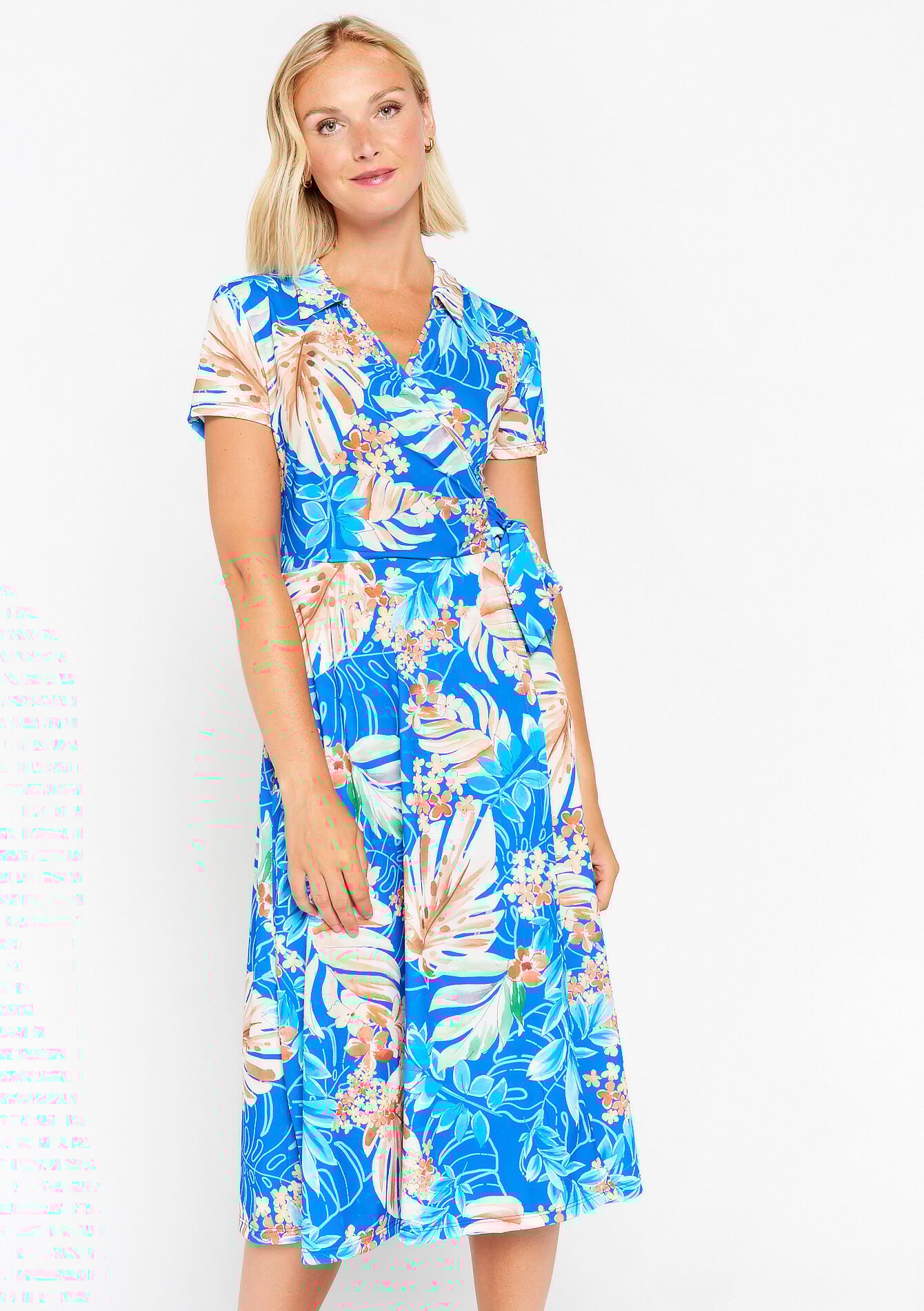 Robe cache-coeur à imprimé tropical, Robe cache-coeur à imprimé tropical - ELECTRIC BLUE - 08601992_1619