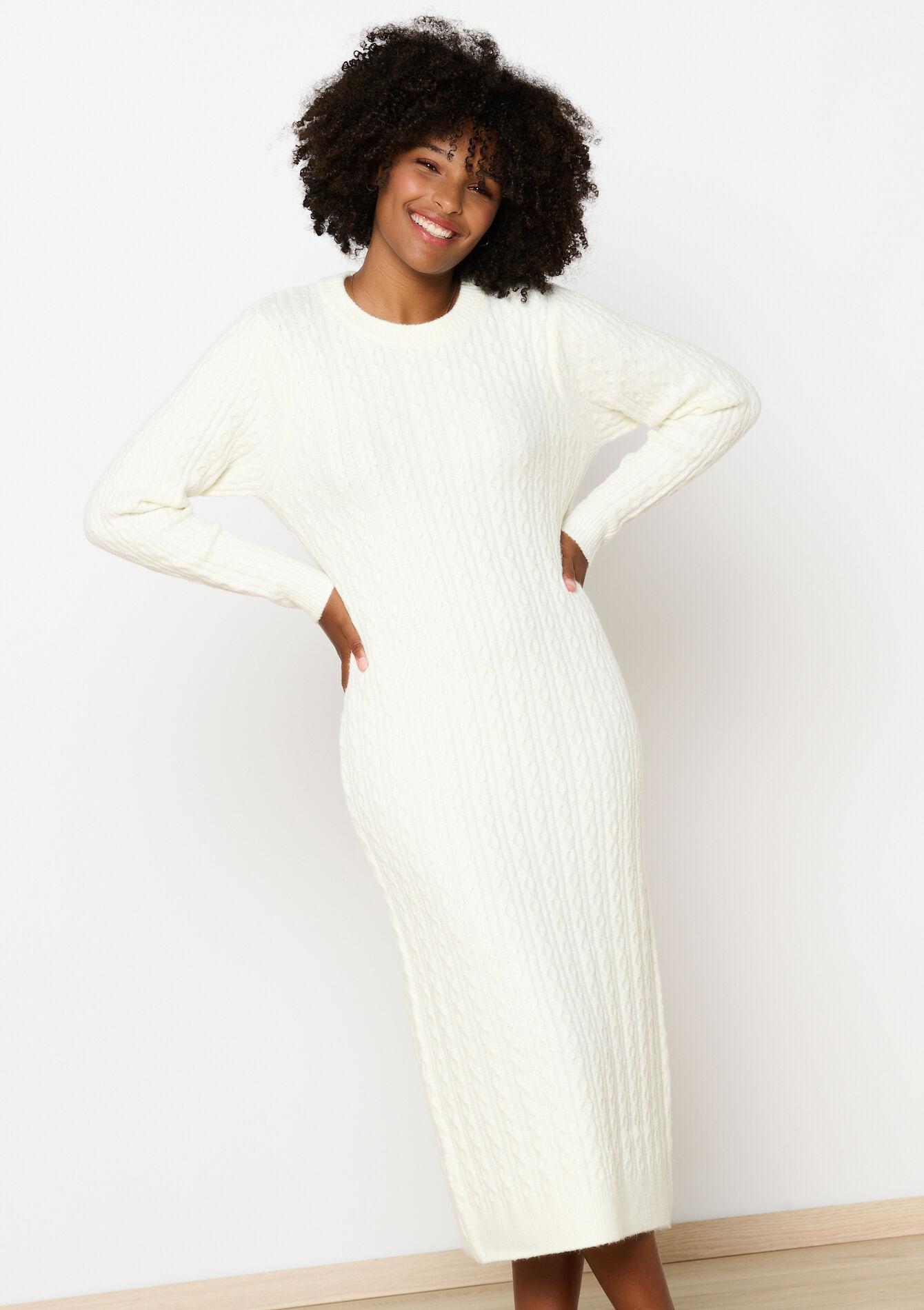 Kabelgebreide trui-jurk, Kabelgebreide trui-jurk - VANILLA WHITE - 08103544_1013