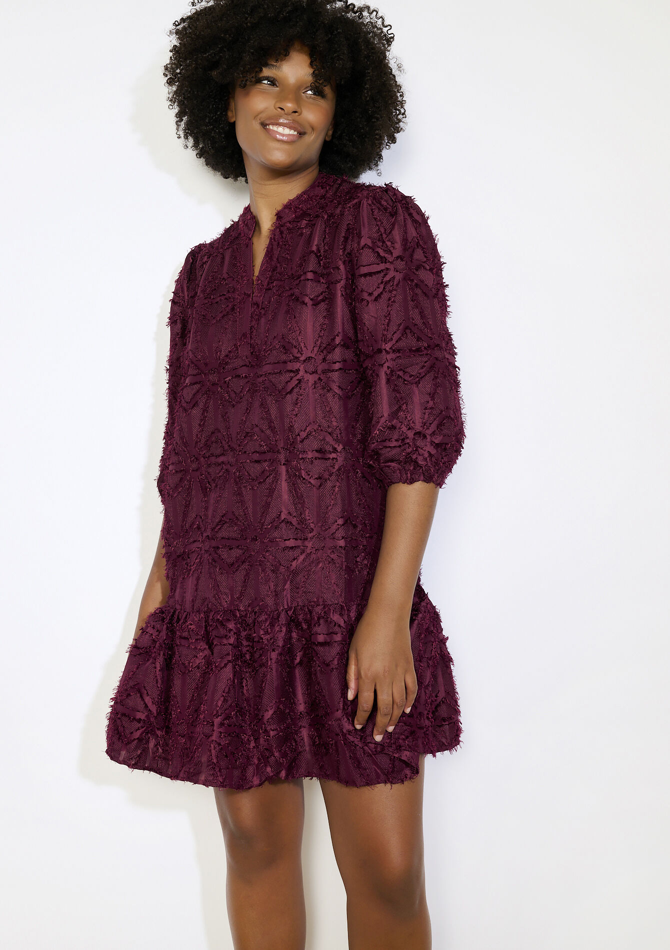 Robe en jacquard à manches bouffantes - BORDEAUX WINE - 08104160_5514