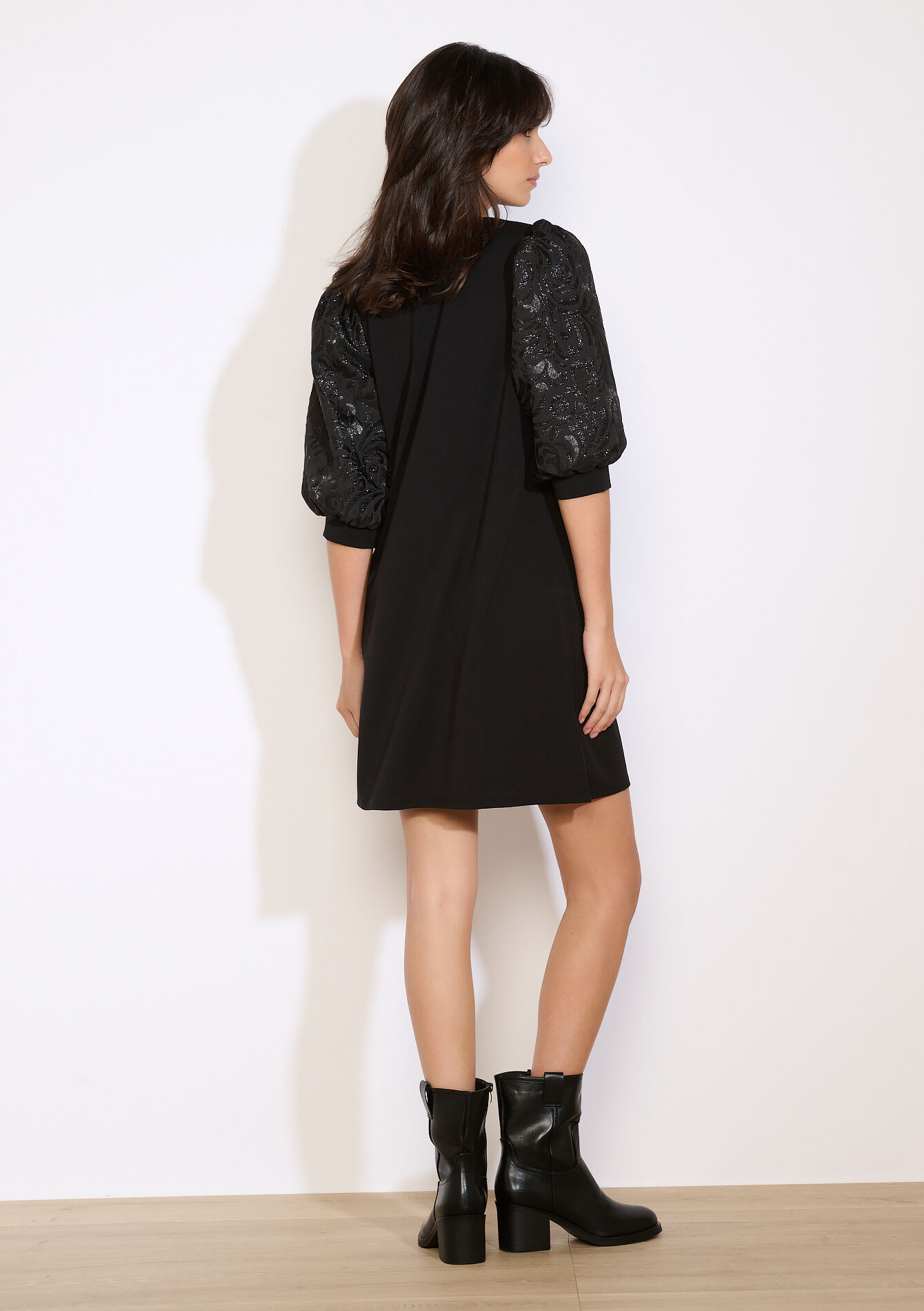 Robe courte manches brodées, Robe courte manches brodées - BLACK - 08104382_1119