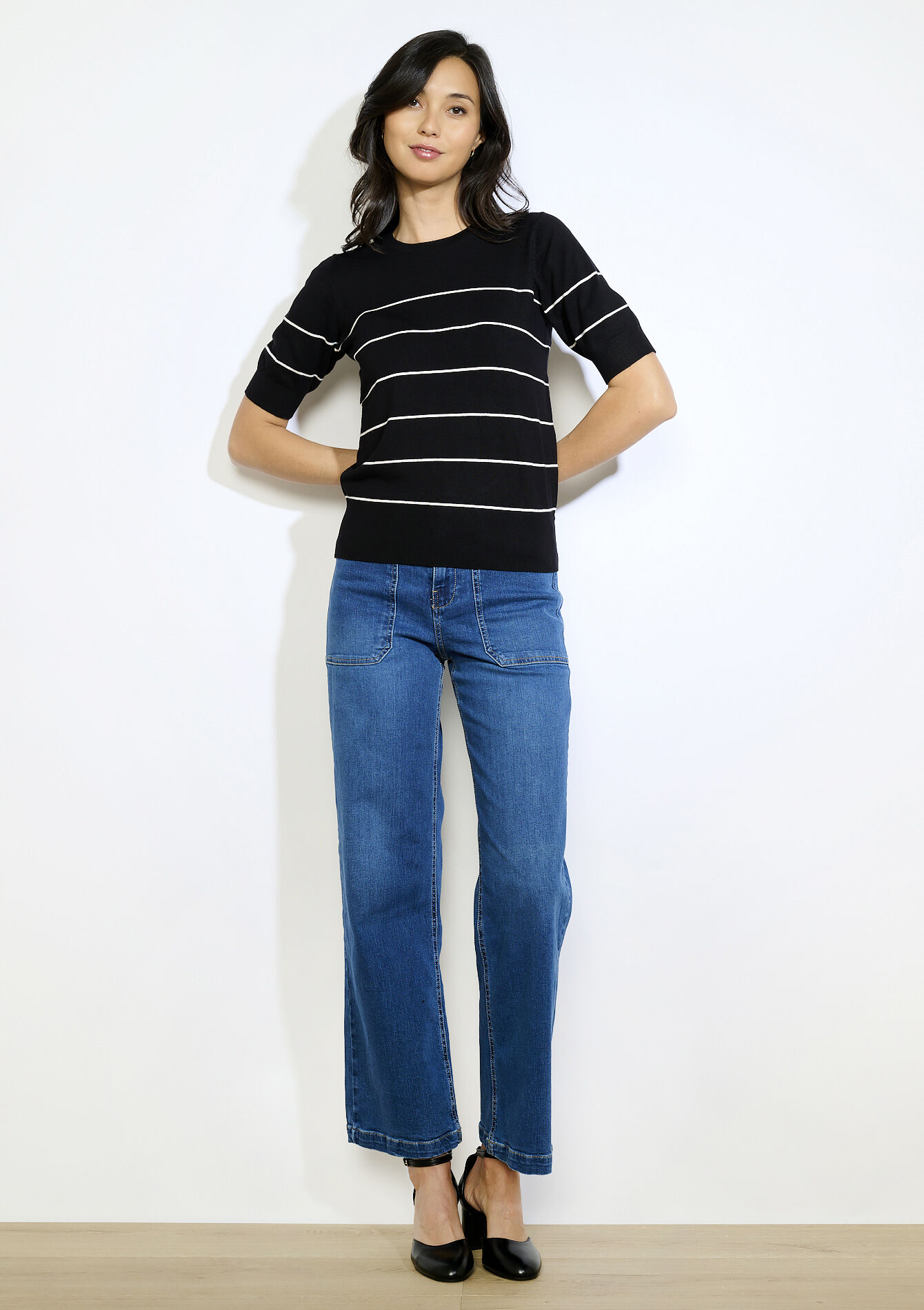 Gestreepte trui korte mouwen - OFFWHITE - 04006875_1001