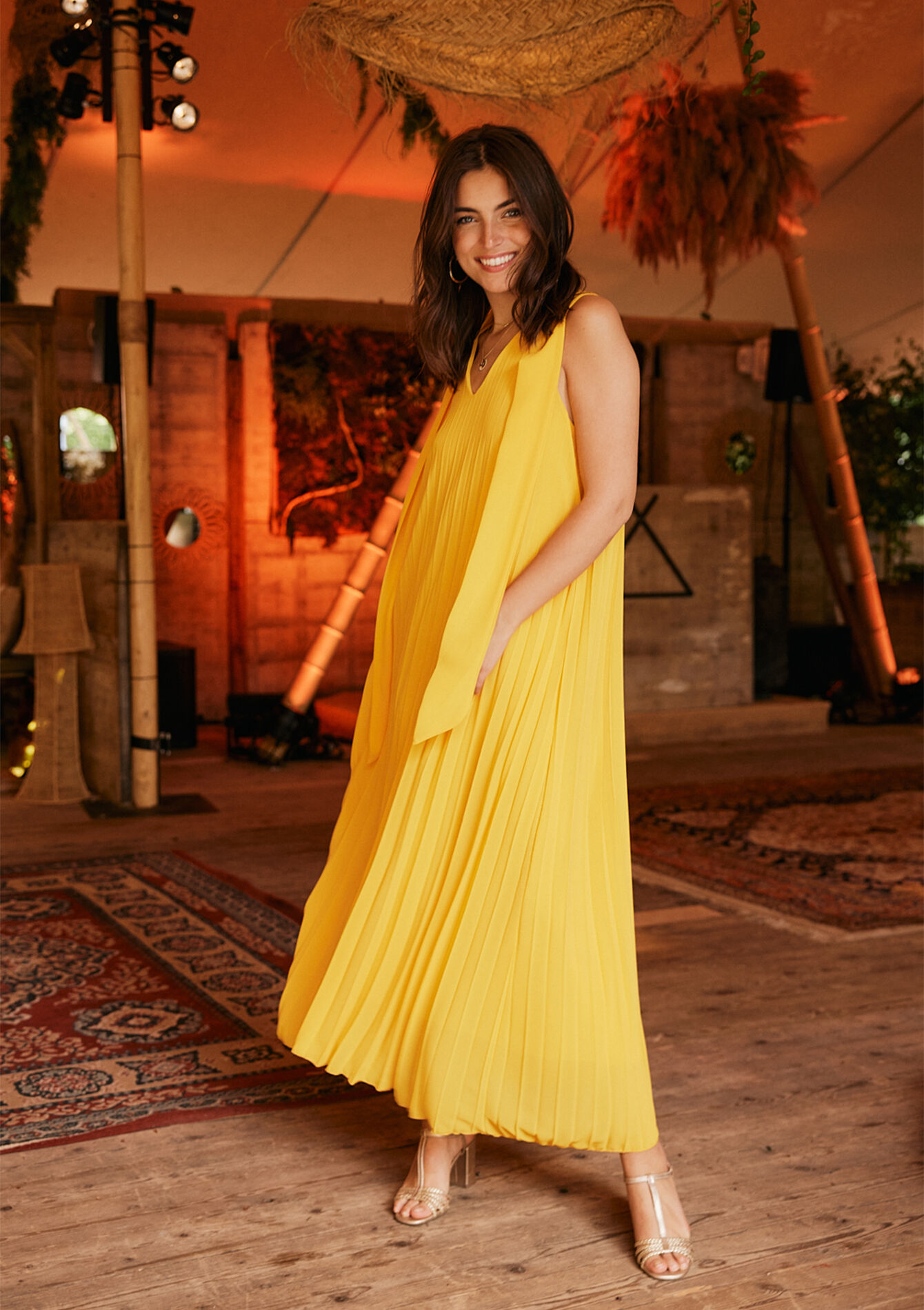 Maxi dress with pleated detail - YELLOW SUN - 08103698_5007