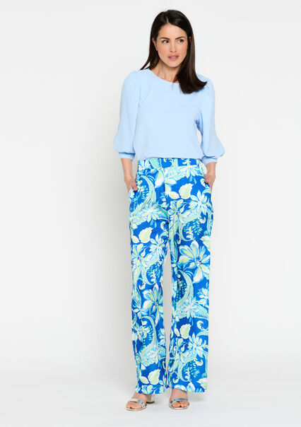 Satin trousers with floral print - BLUE FAIENCE - 06600739_1584