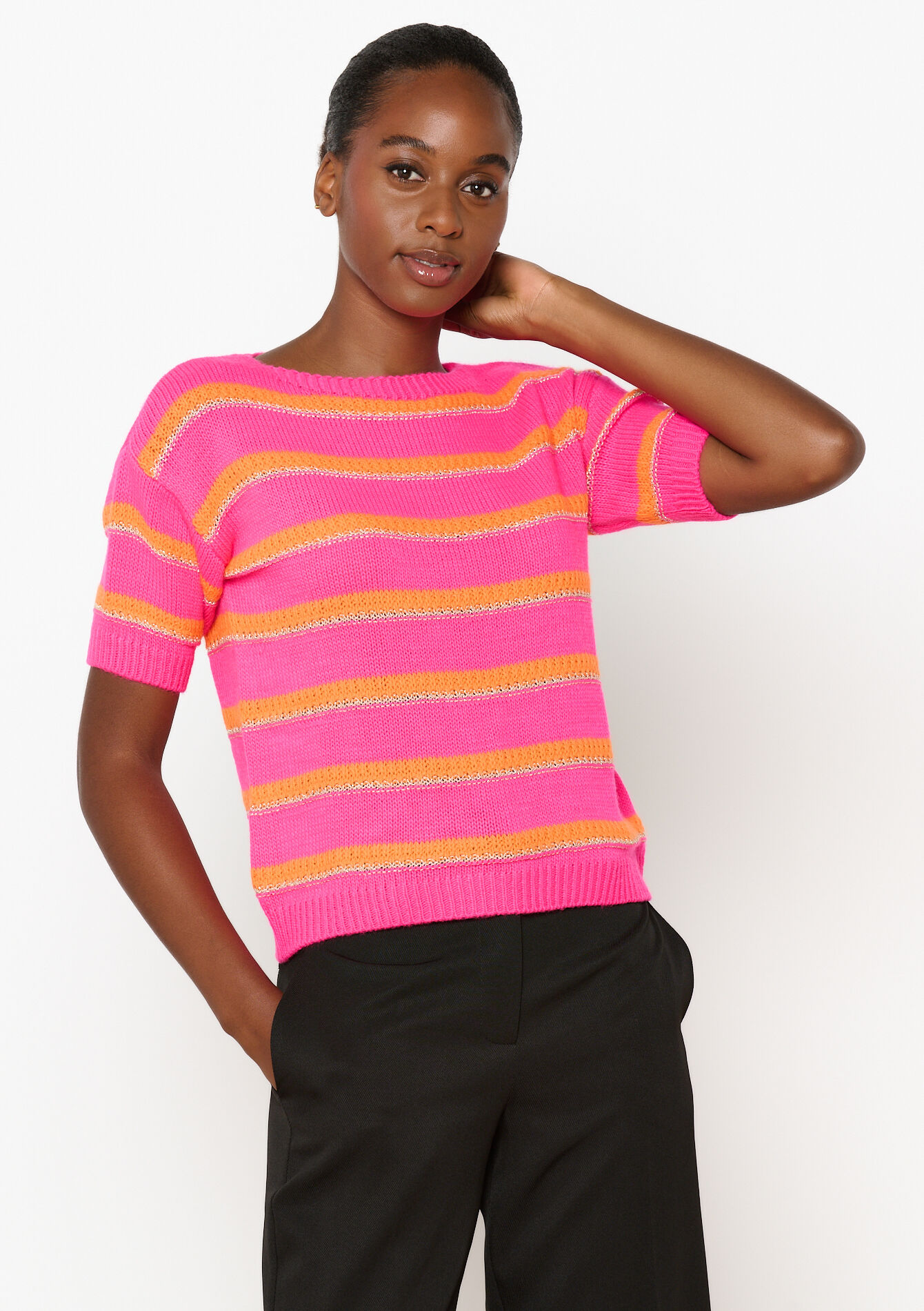 Opengewerkte trui met strepen, Opengewerkte trui met strepen - FLUO PINK - 04006681_5727