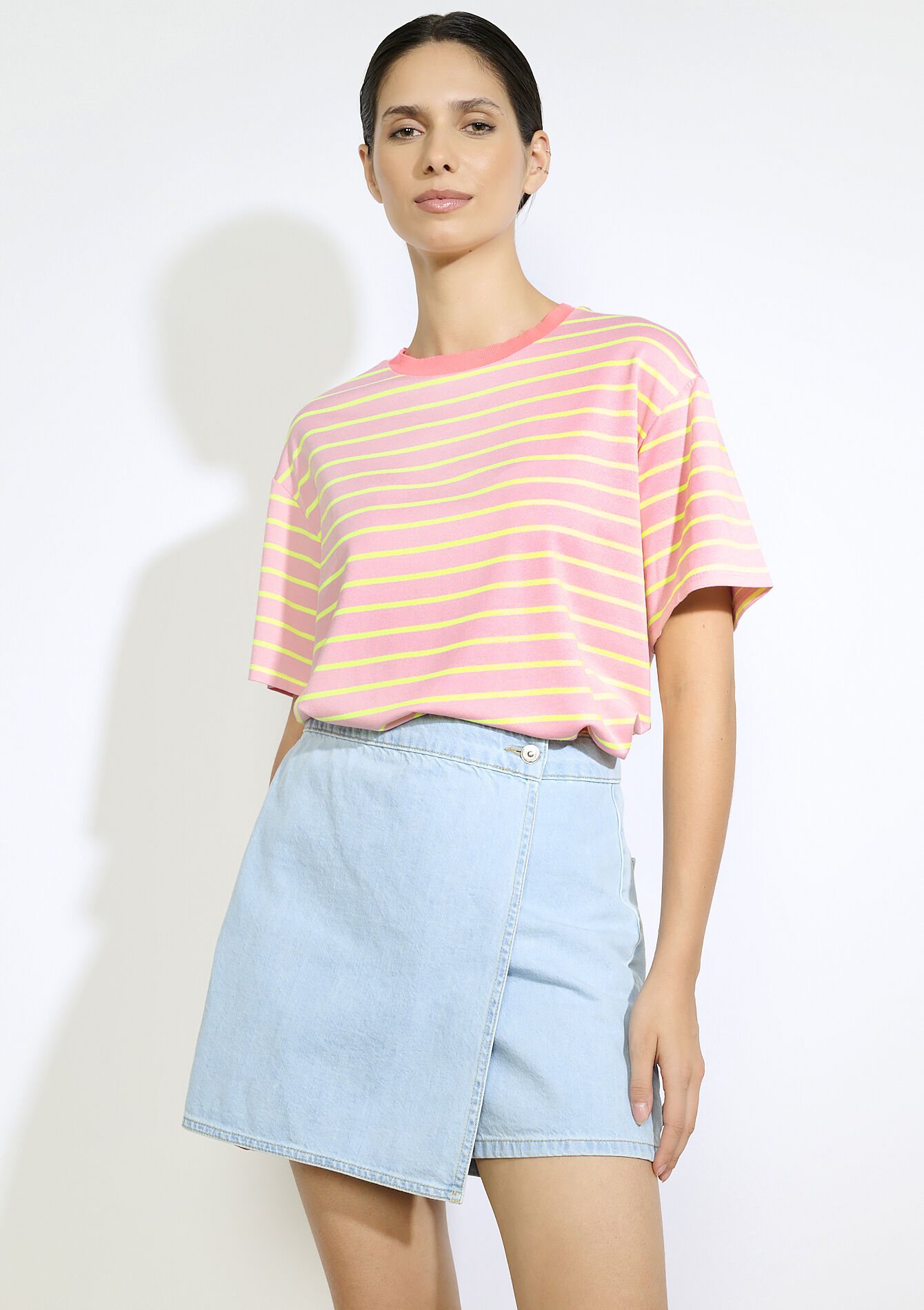 Gestreept losvallend T-shirt, Gestreept losvallend T-shirt - FLUO PINK - 02301868