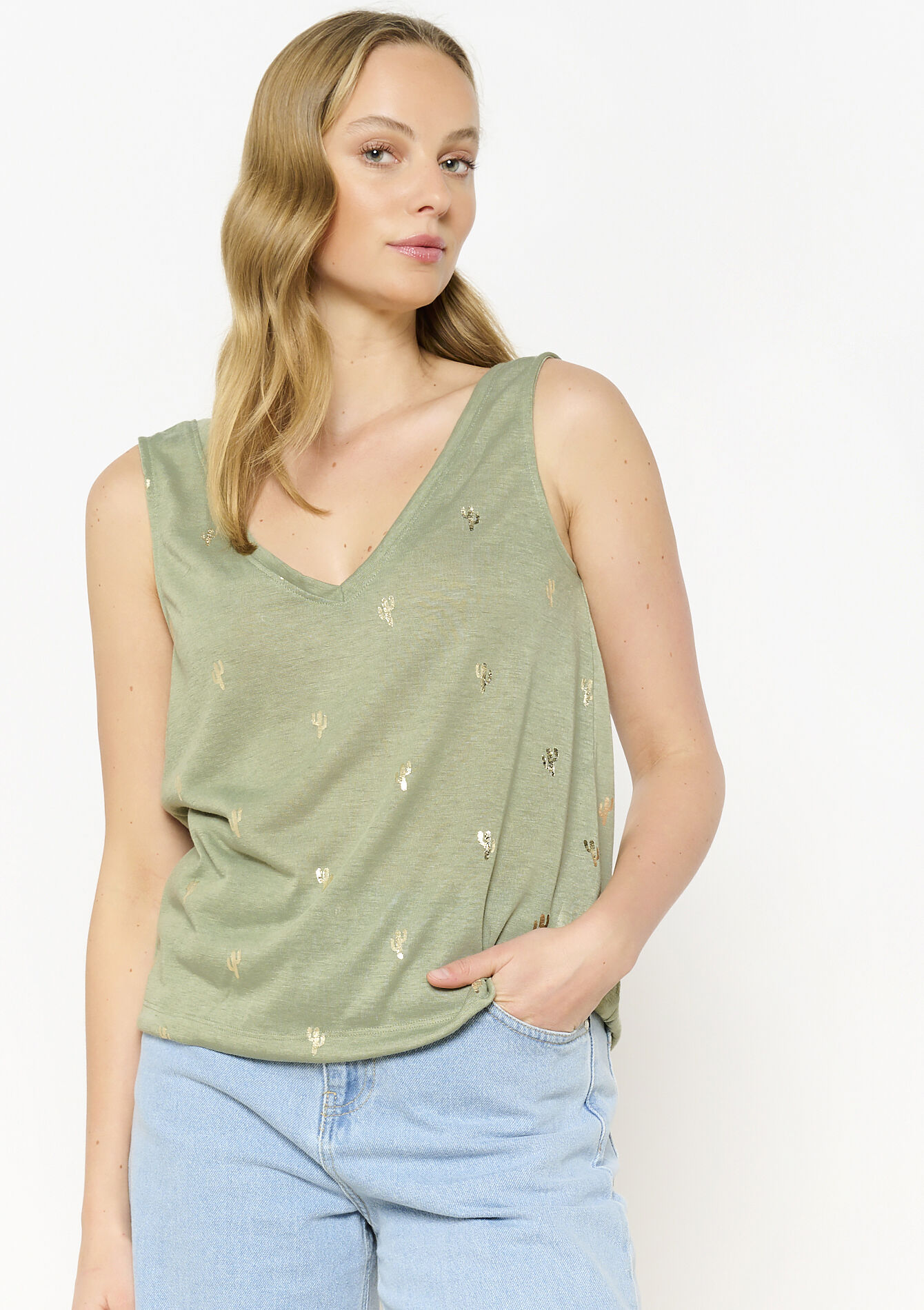 Gold-detail sleeveless top - KHAKI FADED - 02200469