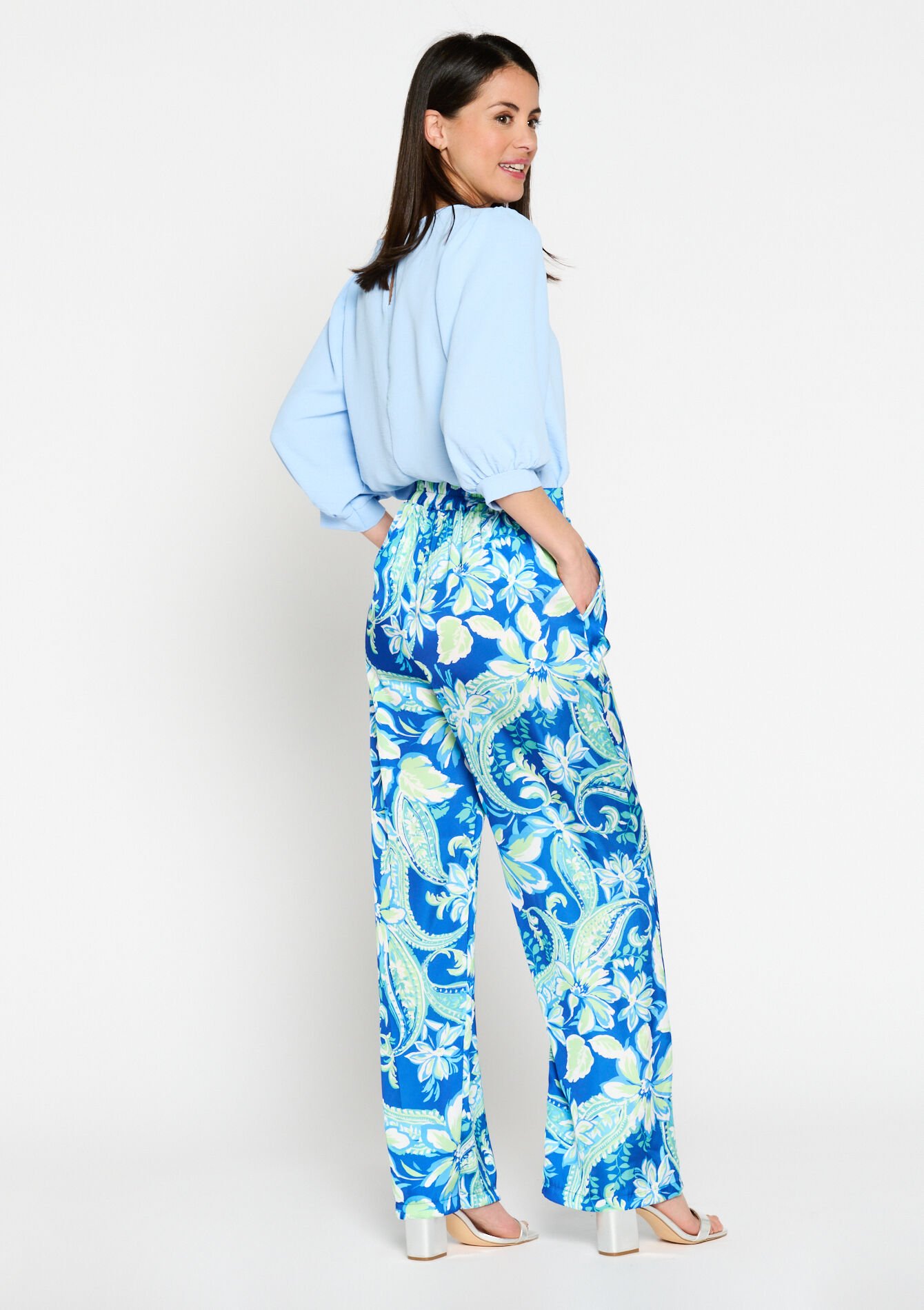 Satin trousers with floral print - BLUE FAIENCE - 06600739_1584
