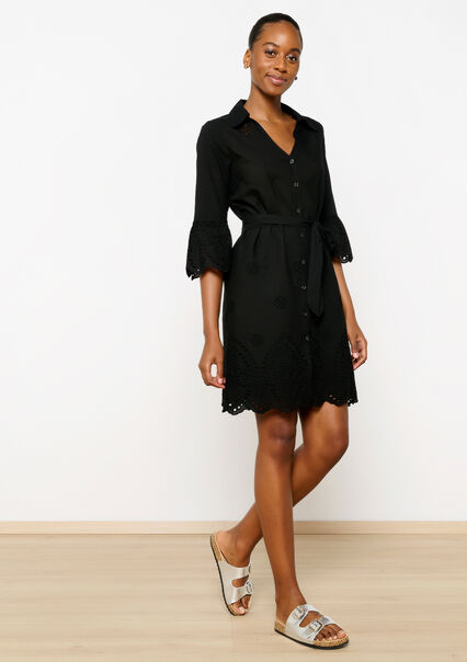 Shirt dress with broderie anglaise - BLACK - 08103709_1119