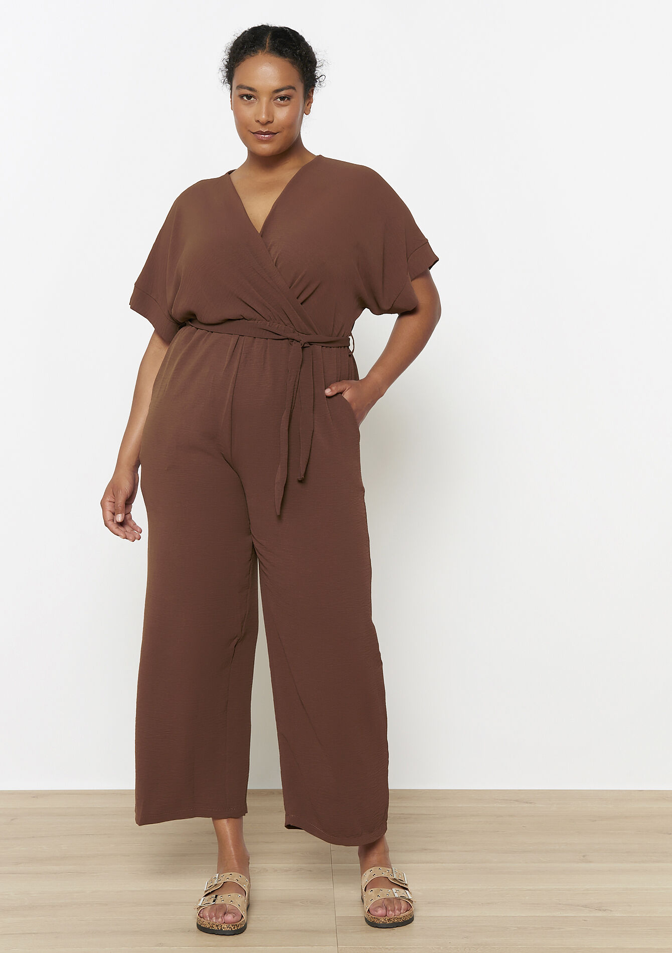 Flowy belted jumpsuit - CAMEL BROWN - 06004613_3818