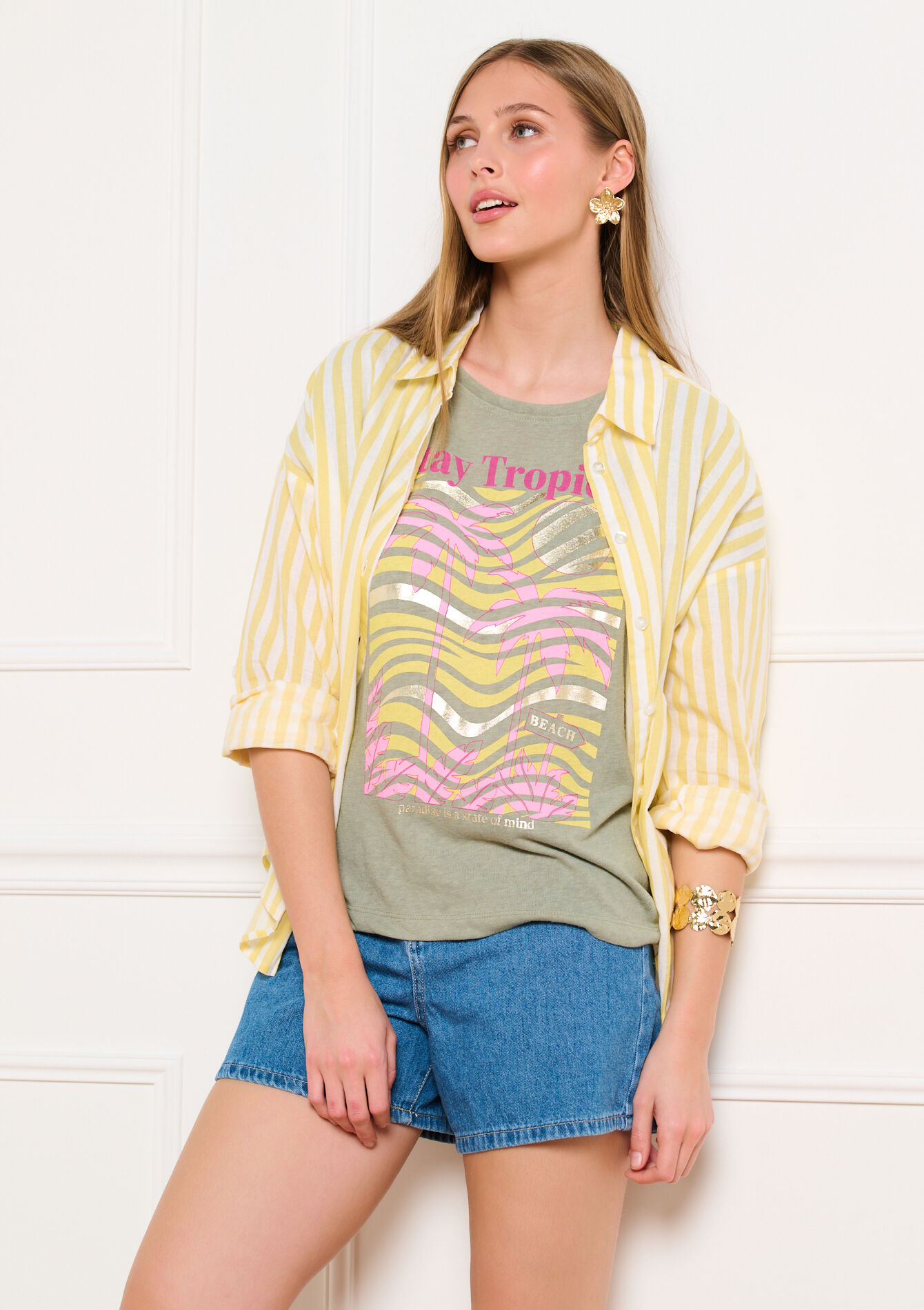 T-shirt met zomerse print - KHAKI FADED - 02301947_4326