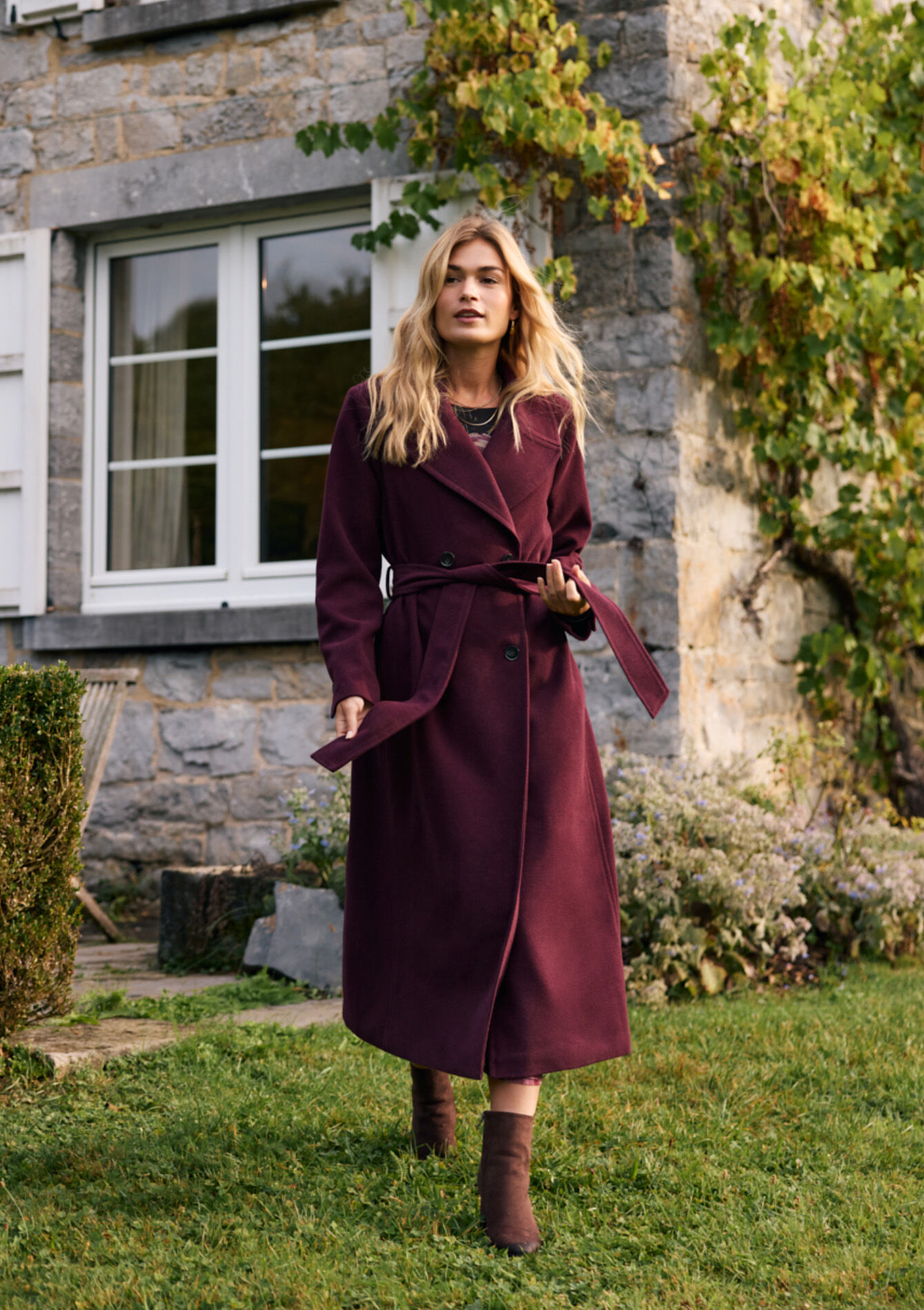 Manteau long croisé ceinturé - BORDEAUX WINE - 23000750_5514