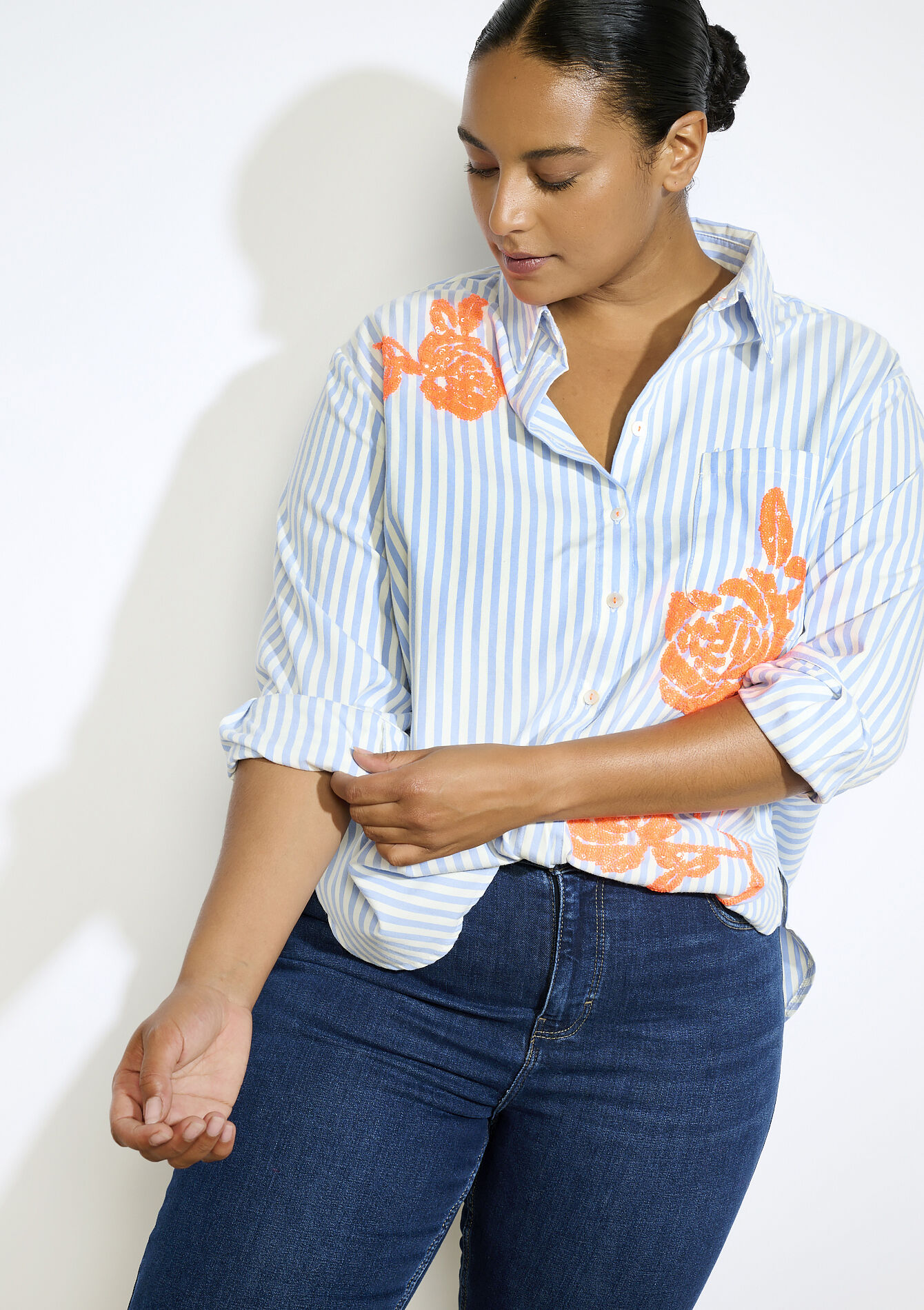 Chemise rayée brodée à sequins, Chemise rayée brodée à sequins - BLUE PASTEL - 05702903_3003