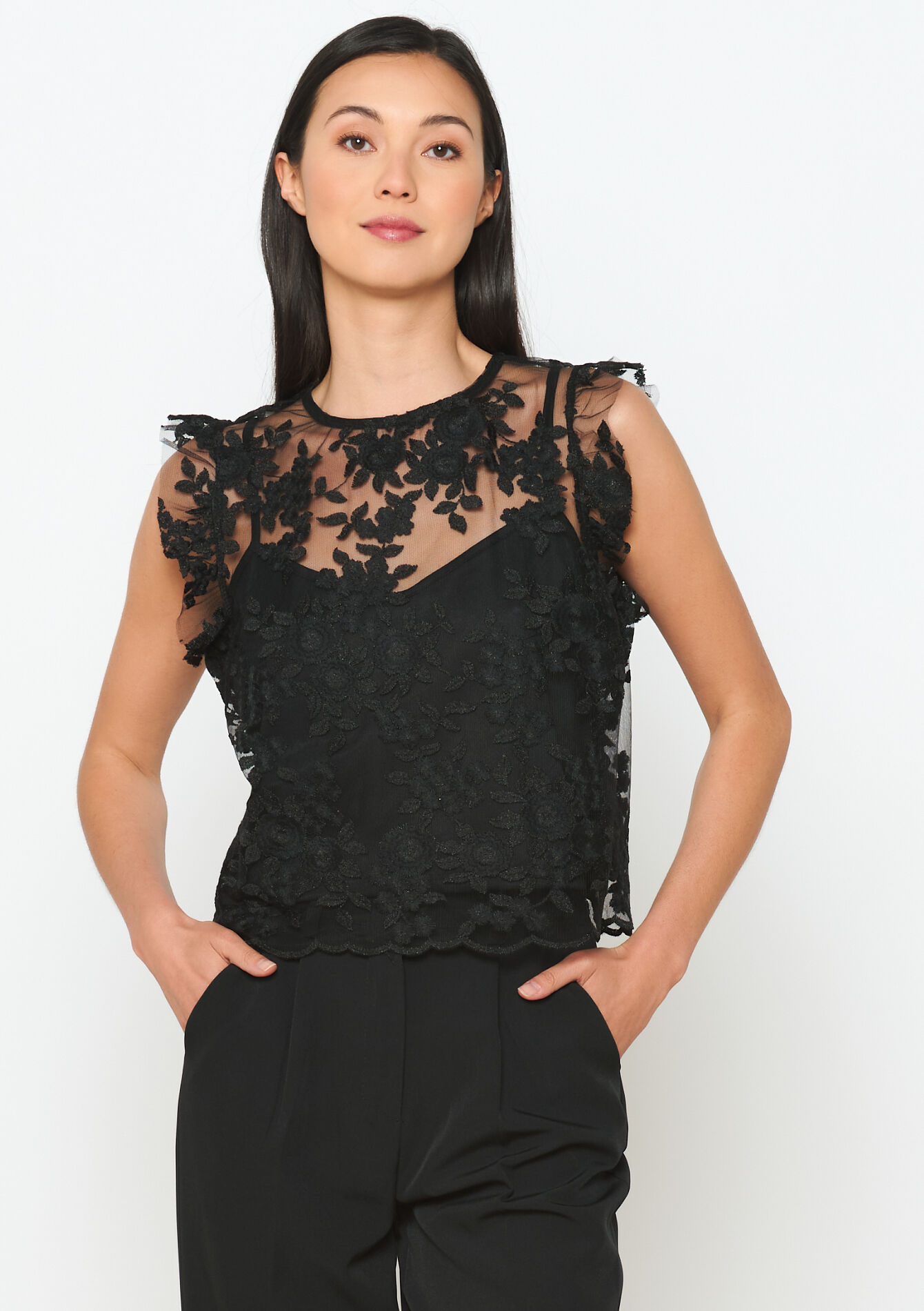 Débardeur en voile avec fleurs, Débardeur en voile avec fleurs - BLACK - 05702480_1119