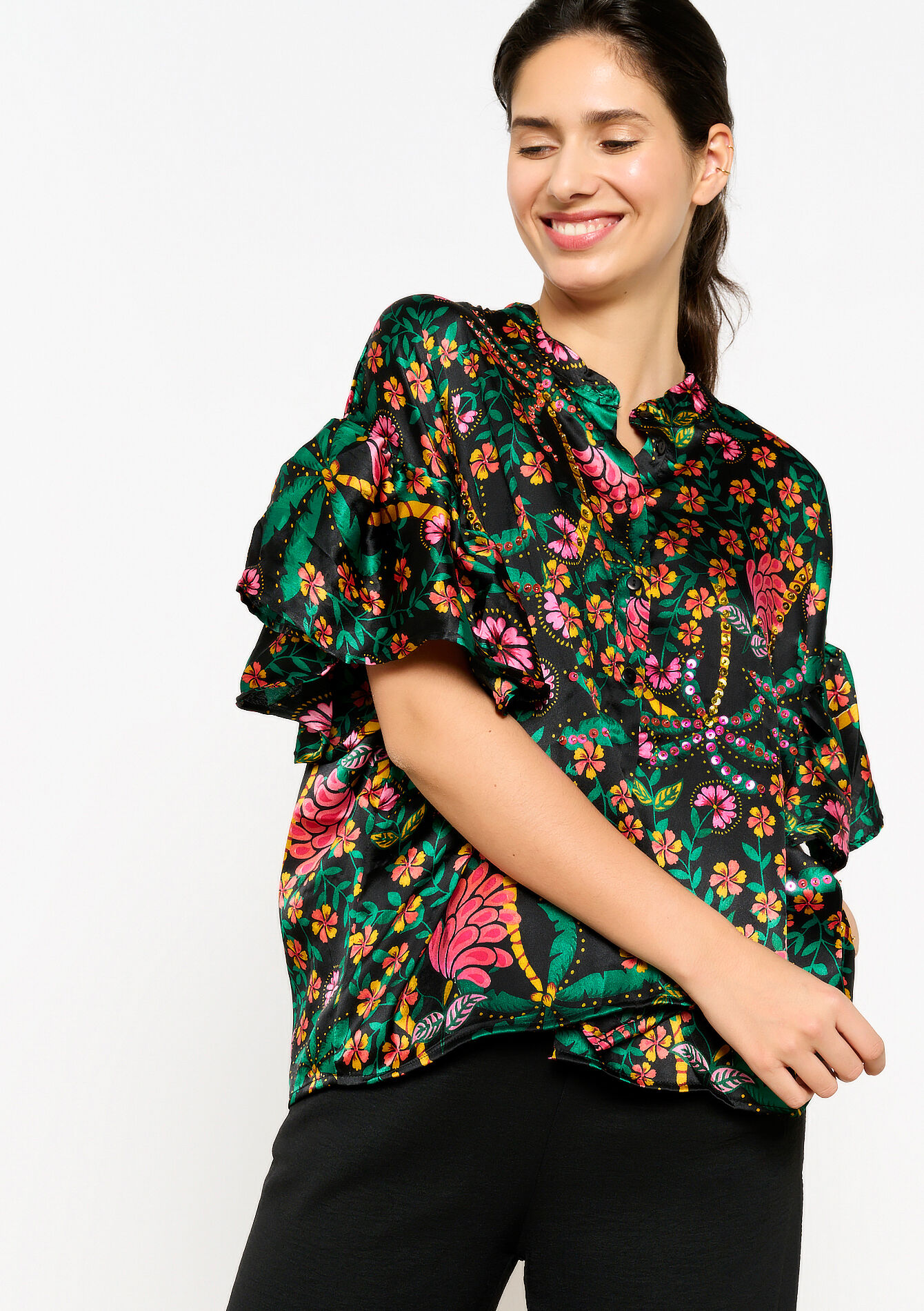 Blouse met tropische print en pailletten, Blouse met tropische print en pailletten - BLACK - 05702444_1119
