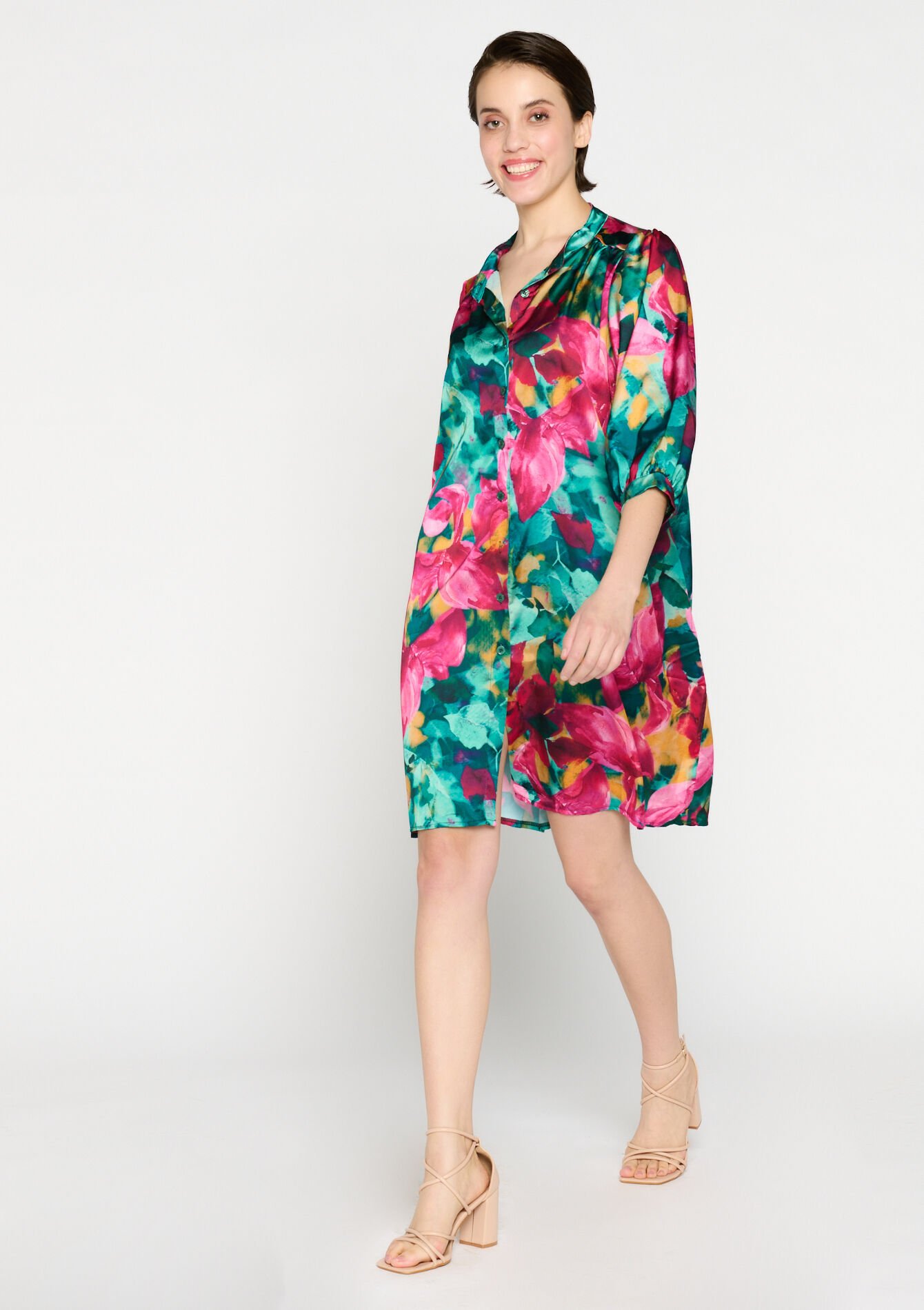 Satijnen hemdjurk met bloemenprint - FUCHSIA - 08103371_5626