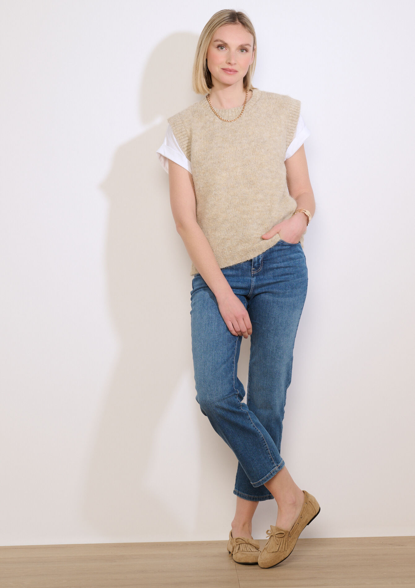 Mouwloos gebreid top - LT BEIGE - 04007195_2527